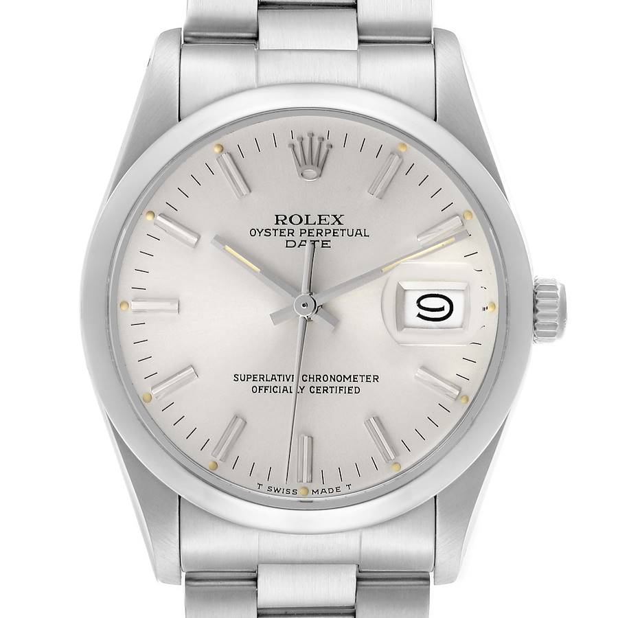 The Rolex Vintage Collection model is shown from the front, displaying the dial, hands, date window, and part of the bracelet.