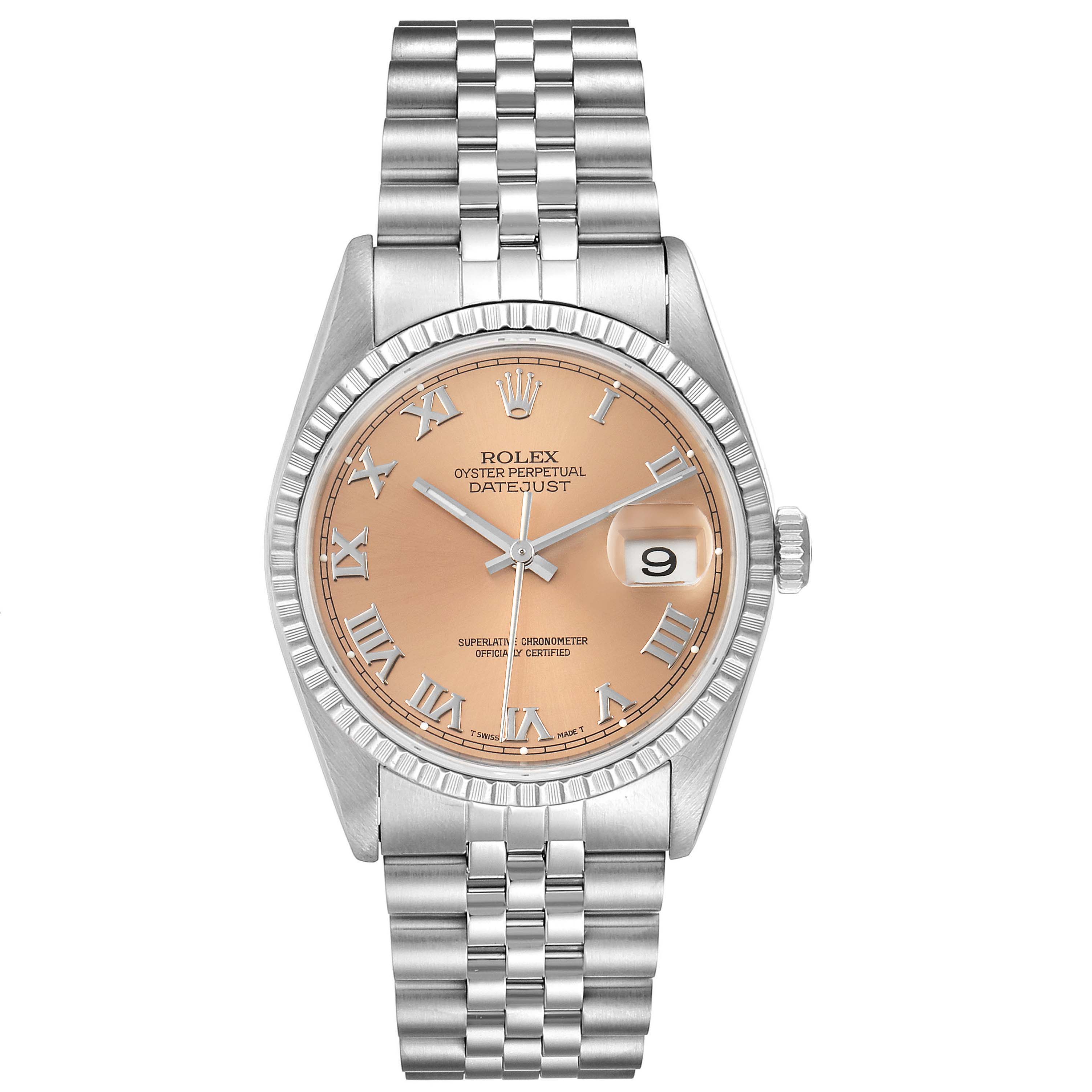 This image shows a Rolex Datejust 16220 Men's Stainless Steel Pink Dial 16220 Men's Stainless Steel Pink Dial watch from a front angle, displaying its face, bracelet, and bezel.