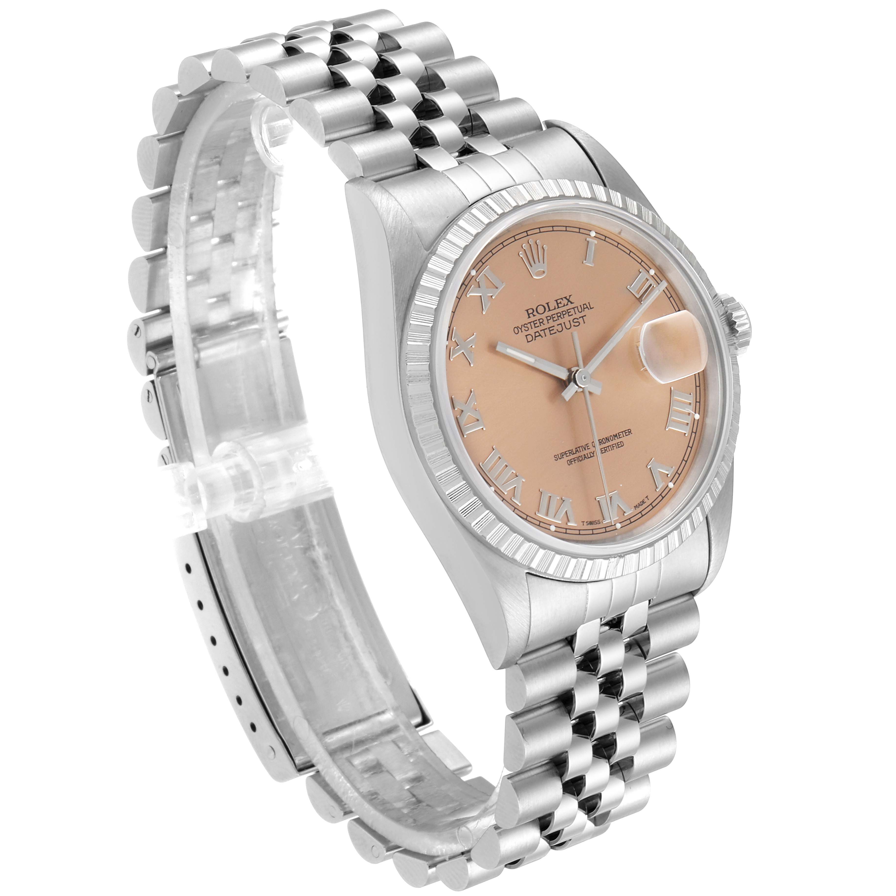 The image shows a Rolex Datejust 16220 Men's Stainless Steel Pink Dial 16220 Men's Stainless Steel Pink Dial watch at a right angle, highlighting the dial, bezel, and bracelet.