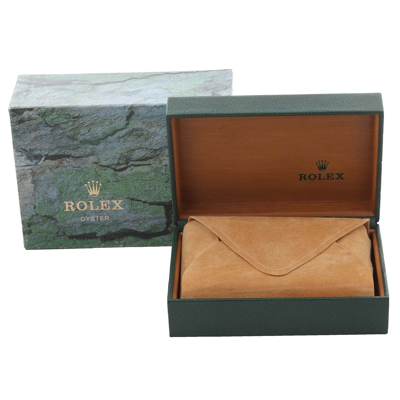 The image shows a Rolex Datejust 16233 Men's Steel and Gold (two tone) Black Dial 16233 Men's Steel and Gold (two tone) Black Dial watch box and pouch, viewed from the front.