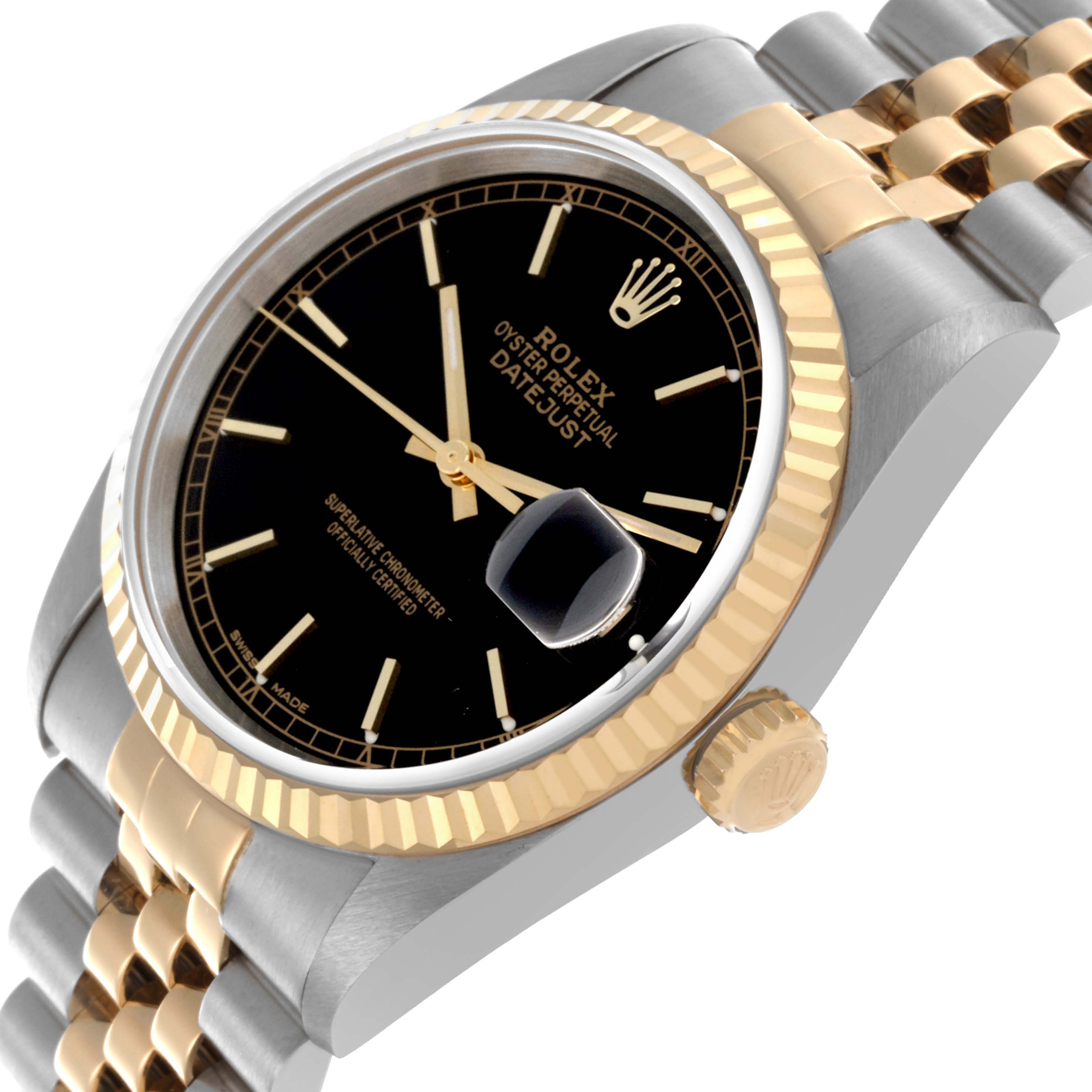 The Rolex Datejust 16233 Men's Steel and Gold (two tone) Black Dial 16233 Men's Steel and Gold (two tone) Black Dial watch is shown at an angled side view, highlighting the dial, bezel, and bracelet.