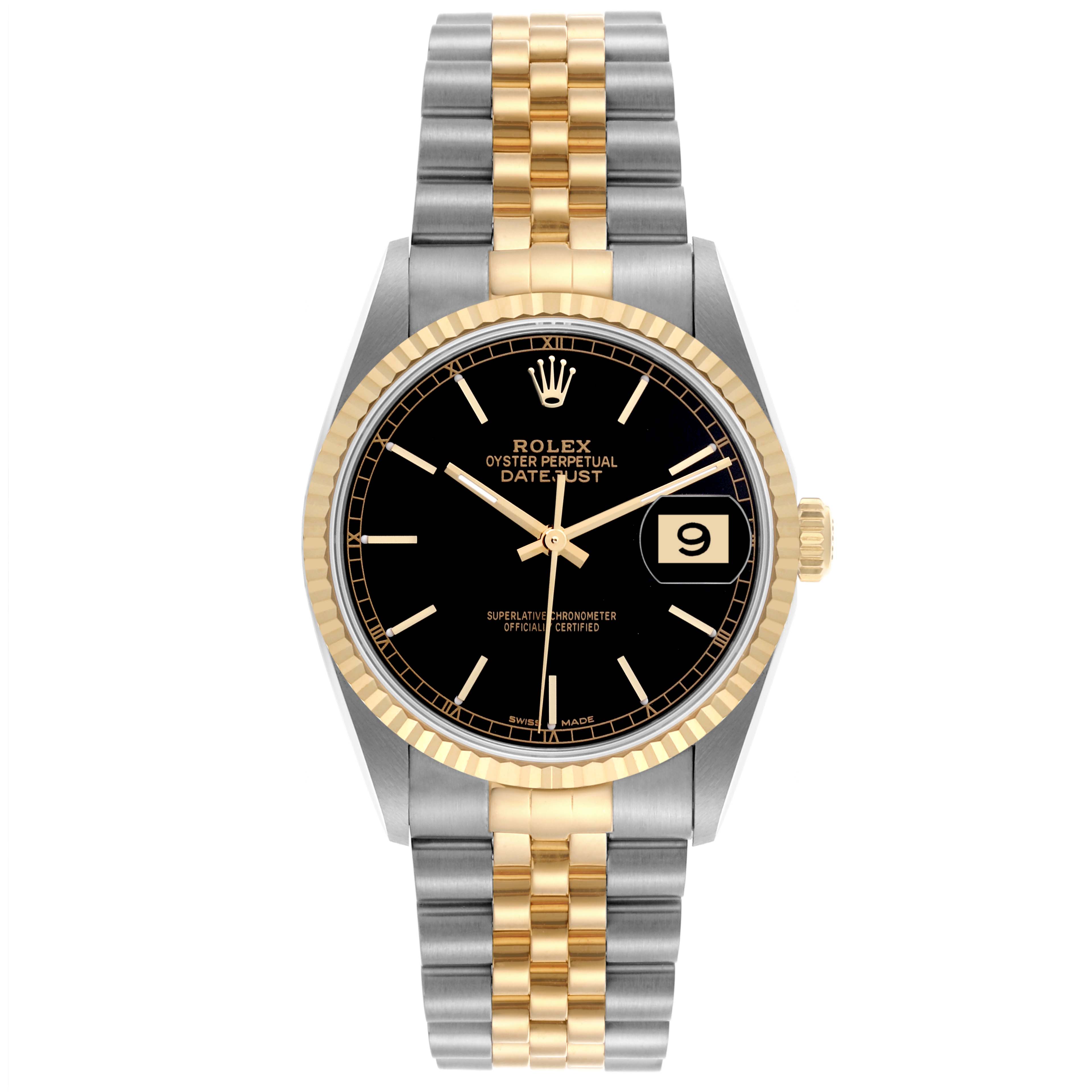The Rolex Datejust 16233 Men's Steel and Gold (two tone) Black Dial 16233 Men's Steel and Gold (two tone) Black Dial watch is shown from a front view, displaying the dial, bezel, and bracelet.