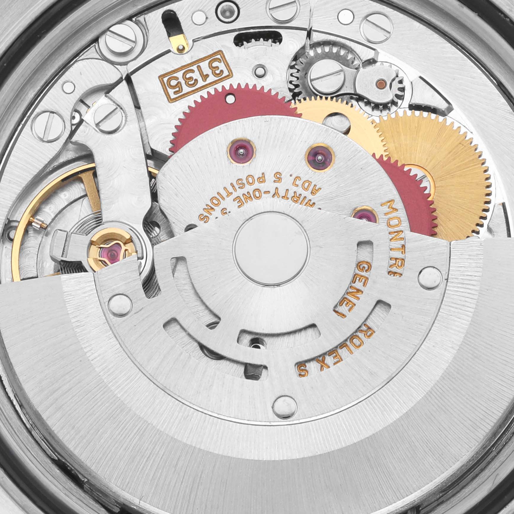The image shows the intricate movement mechanism of a Rolex Datejust 16233 Men's Steel and Gold (two tone) Black Dial 16233 Men's Steel and Gold (two tone) Black Dial watch from a close-up angle.