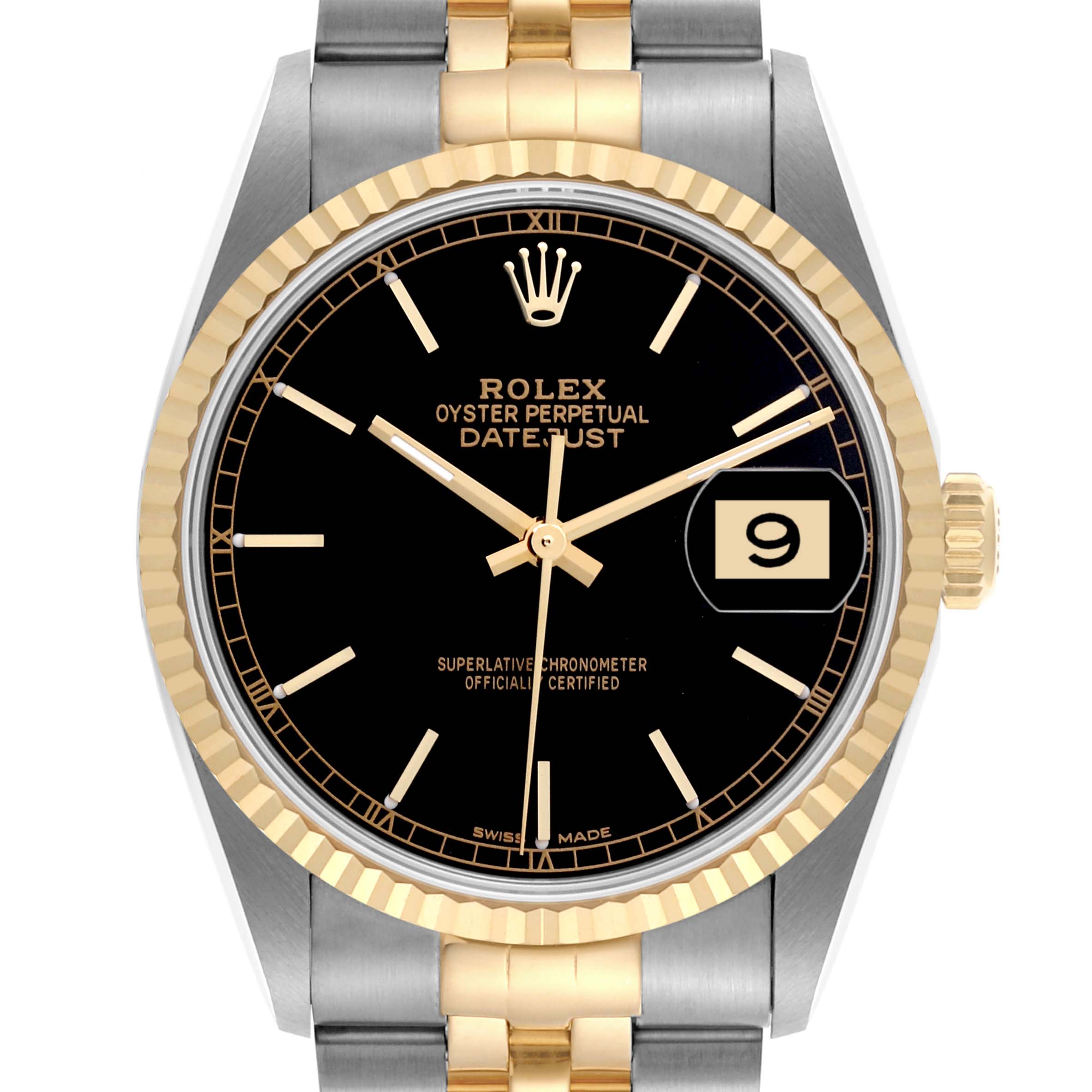 The Rolex Datejust 16233 Men's Steel and Gold (two tone) Black Dial 16233 Men's Steel and Gold (two tone) Black Dial watch is shown head-on, highlighting the dial, bezel, and part of the bracelet.