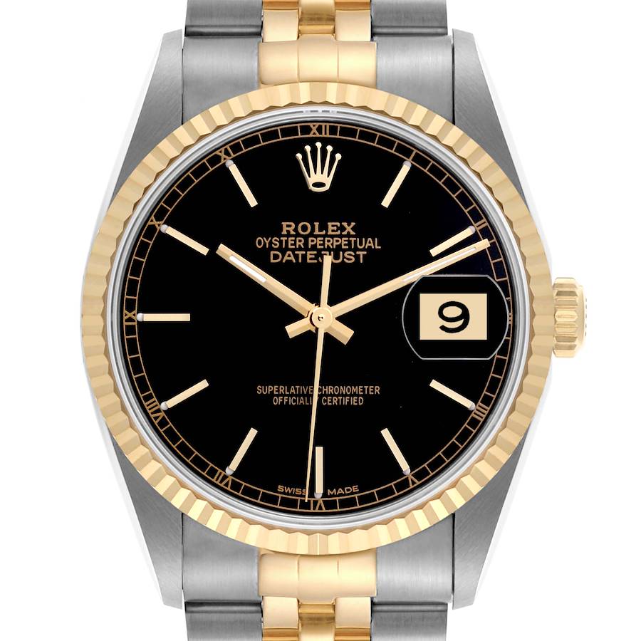 The Rolex Datejust watch is shown head-on, highlighting the dial, bezel, and part of the bracelet.