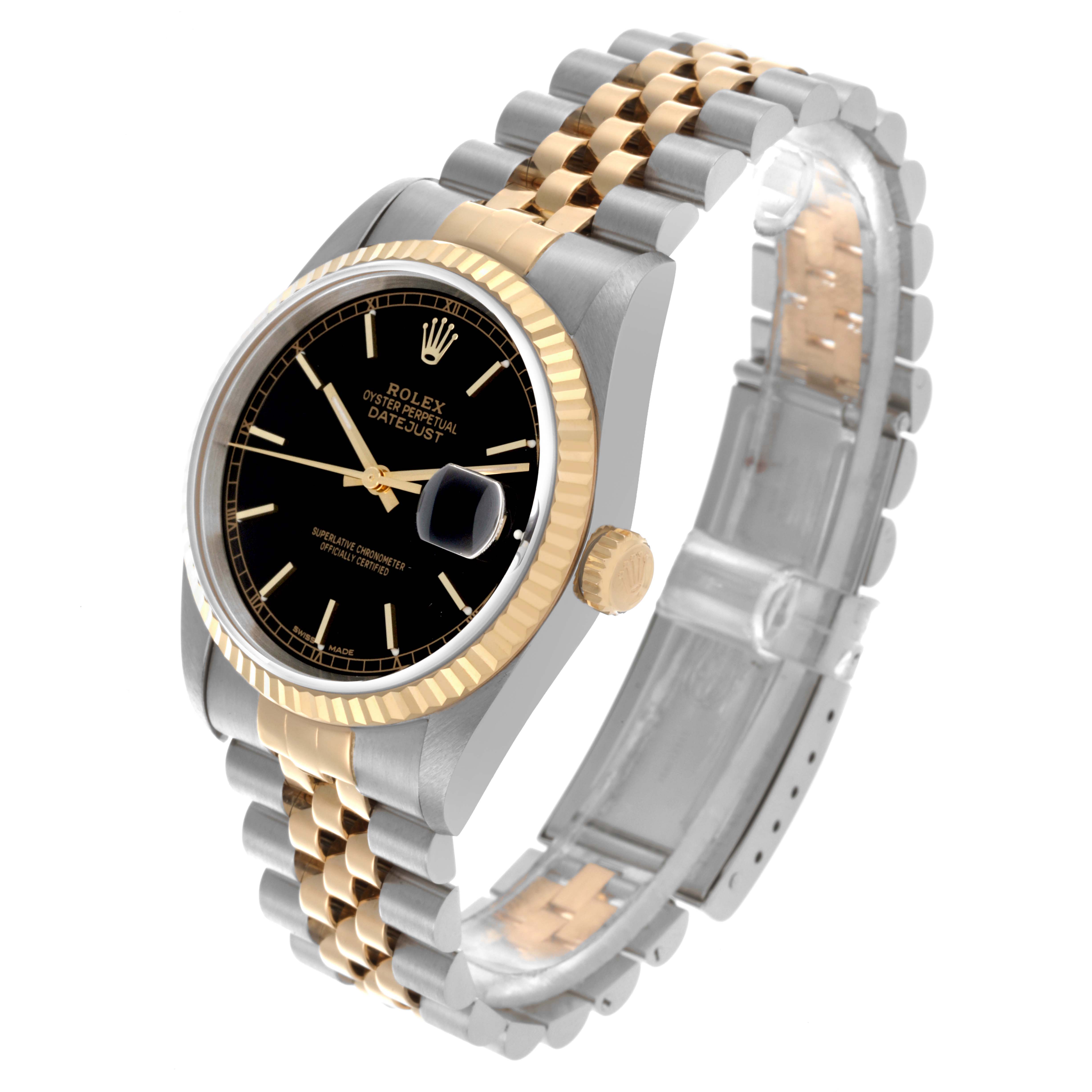 The Rolex Datejust 16233 Men's Steel and Gold (two tone) Black Dial 16233 Men's Steel and Gold (two tone) Black Dial watch is shown at a three-quarter angle, highlighting the face, bezel, crown, and two-tone bracelet.