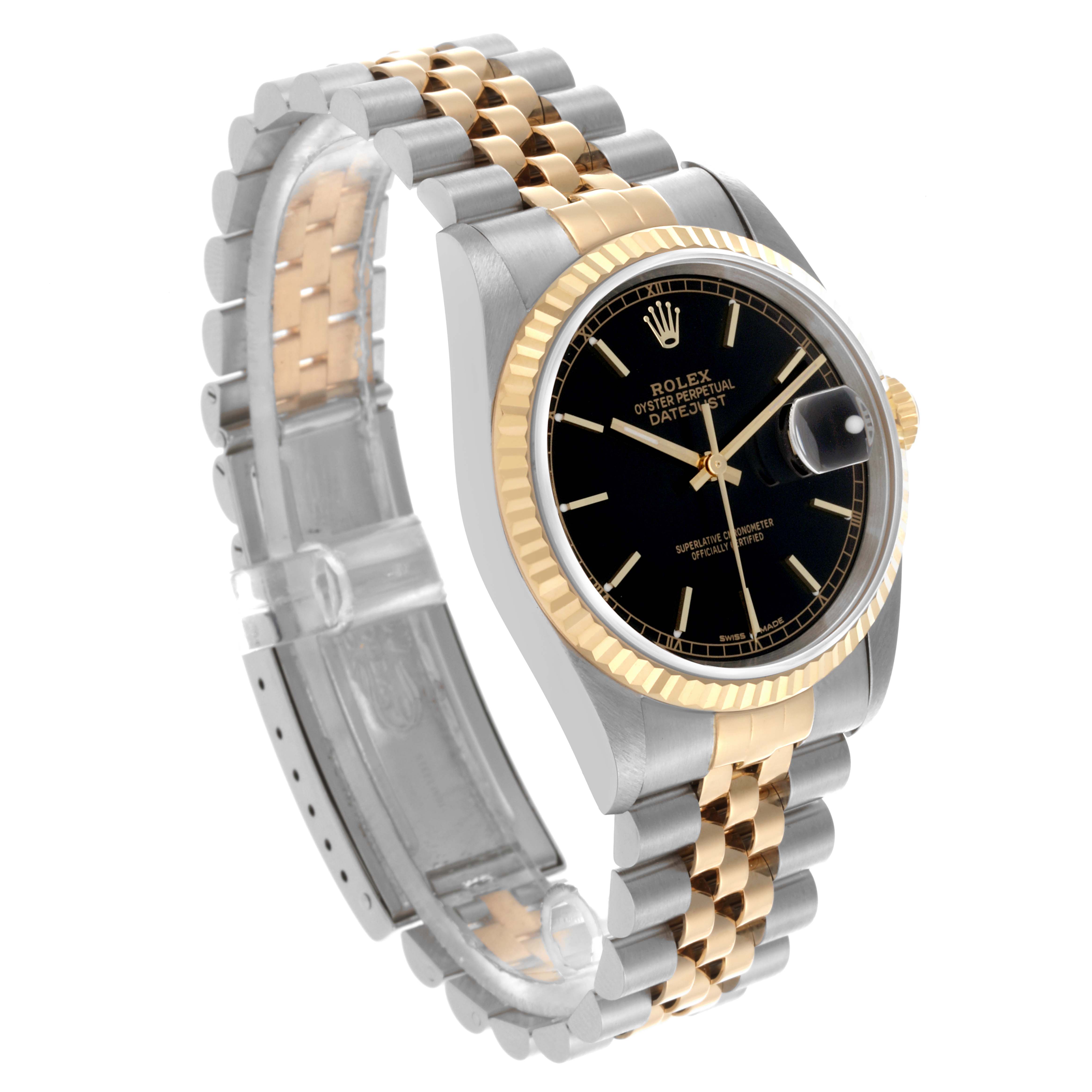 The Rolex Datejust 16233 Men's Steel and Gold (two tone) Black Dial 16233 Men's Steel and Gold (two tone) Black Dial watch is shown at a three-quarter angle, highlighting the black dial, gold bezel, and Jubilee bracelet.