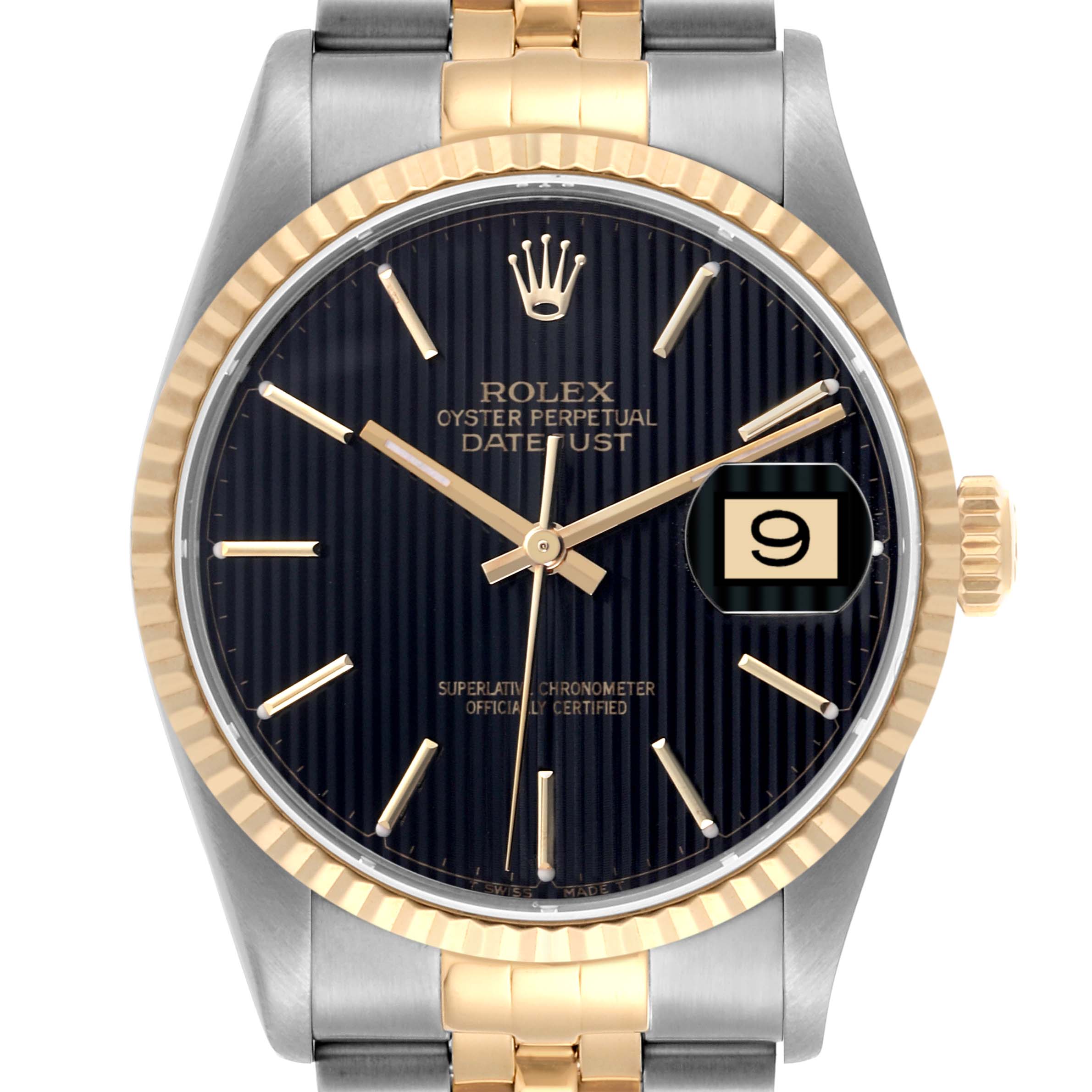 The image shows a frontal view of the Rolex Datejust 16233 Men's Steel and Gold (two tone) Black Dial 16233 Men's Steel and Gold (two tone) Black Dial watch, highlighting the dial, bezel, and bracelet.