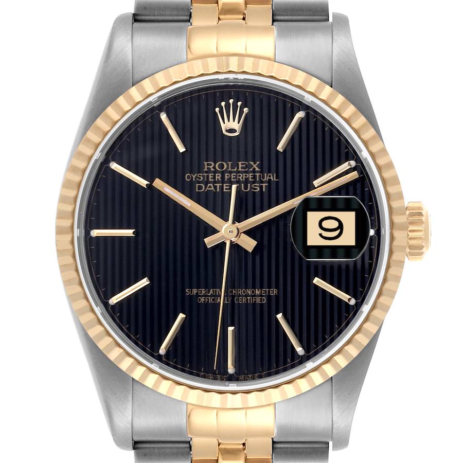 The image shows a frontal view of the Rolex Datejust watch, highlighting the dial, bezel, and bracelet.