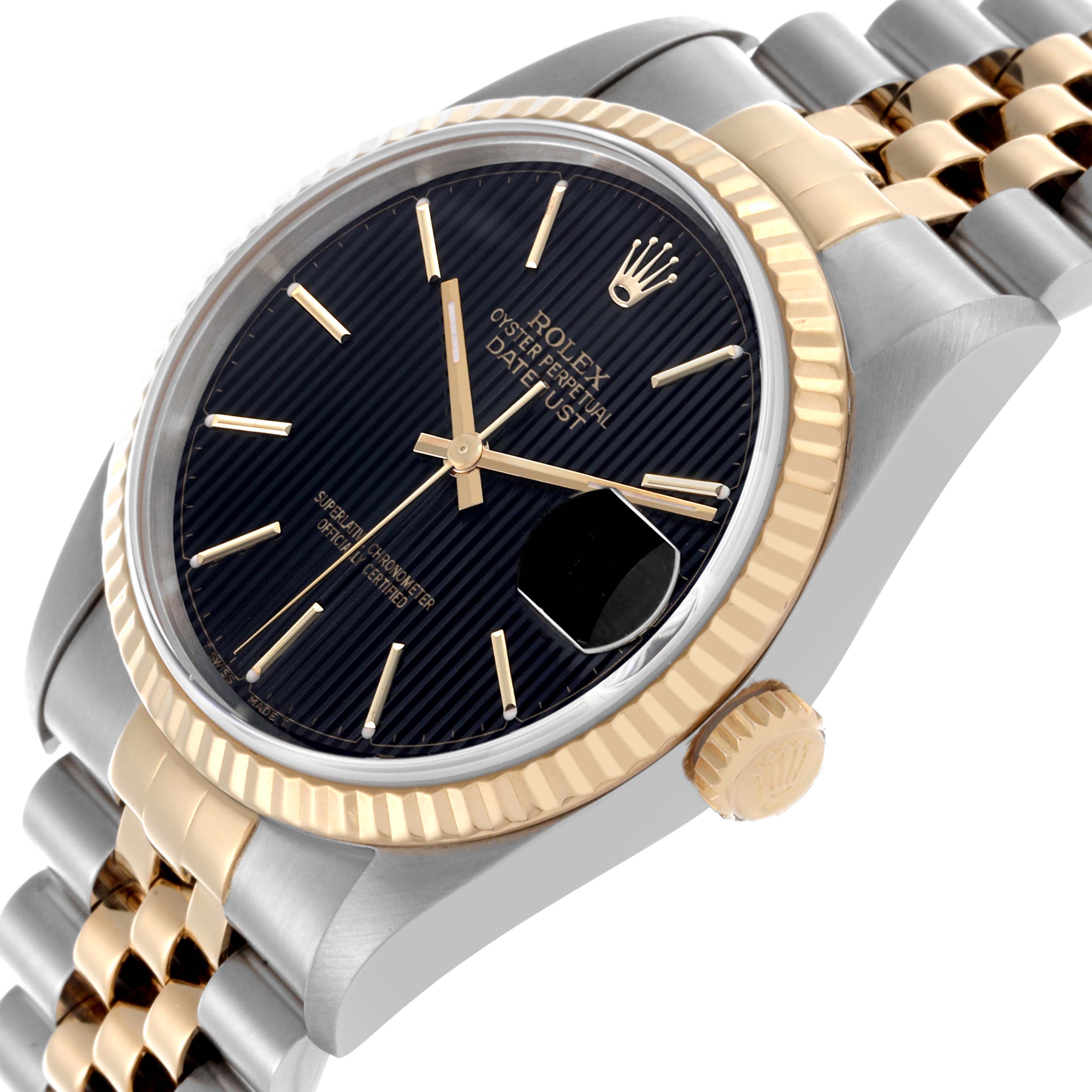The Rolex Datejust 16233 Men's Steel and Gold (two tone) Black Dial 16233 Men's Steel and Gold (two tone) Black Dial watch is shown at an angle highlighting the bezel, crown, dial, and part of the bracelet.
