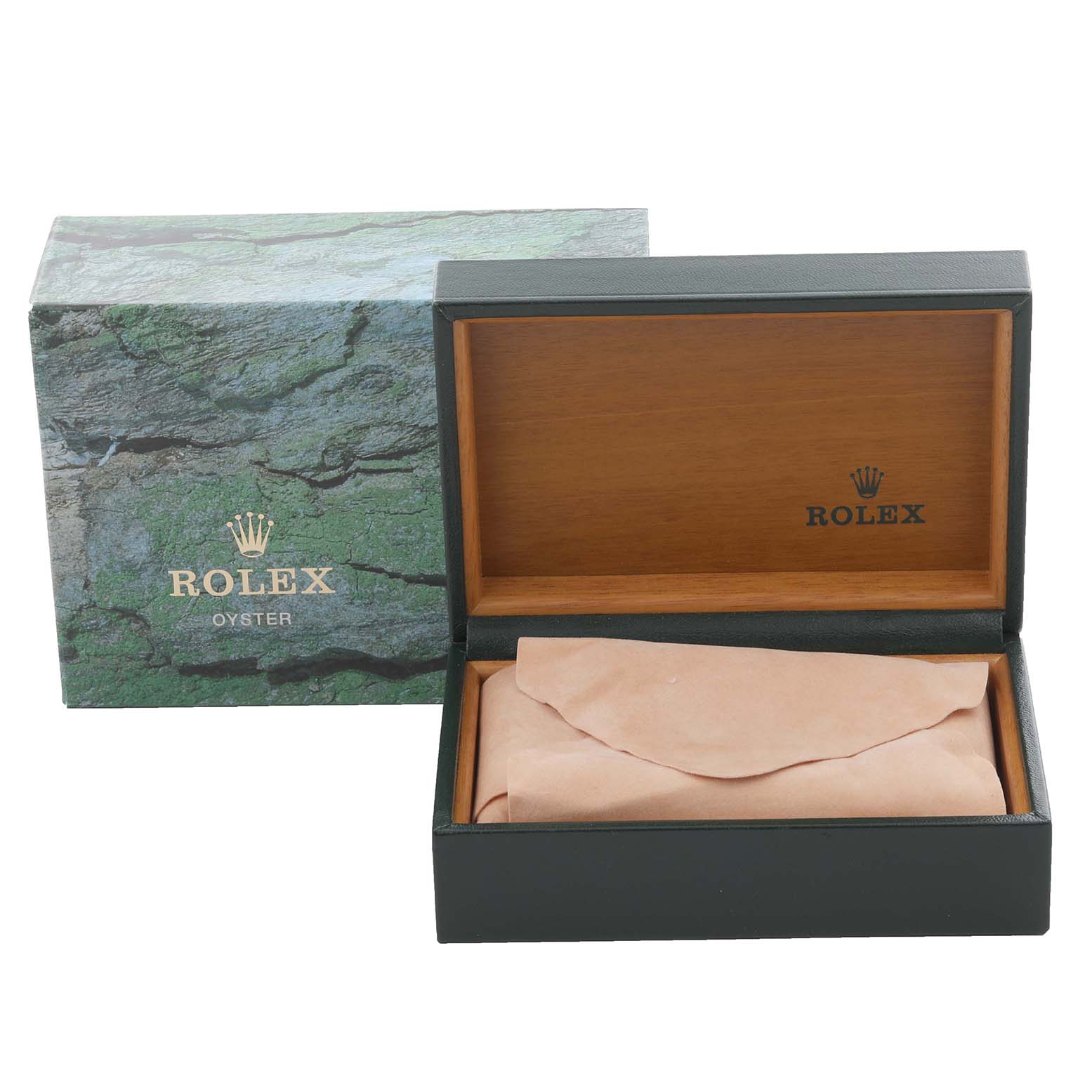 The image shows the box and packaging for a Rolex Datejust 16233 Men's Steel and Gold (two tone) Black Dial 16233 Men's Steel and Gold (two tone) Black Dial watch, including an open box and outer box.