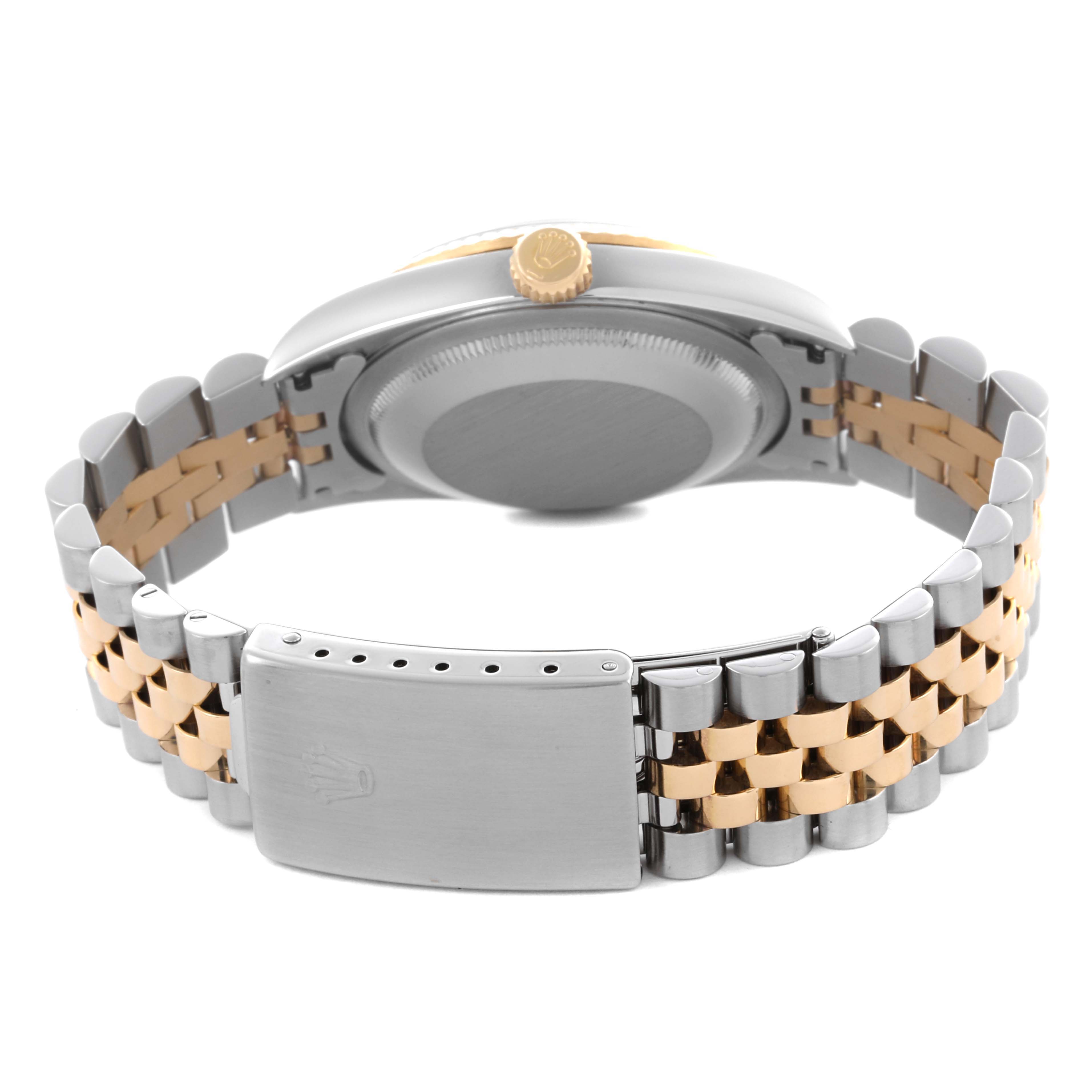 The Rolex Datejust 16233 Men's Steel and Gold (two tone) Black Dial 16233 Men's Steel and Gold (two tone) Black Dial watch is shown from the back, displaying the clasp, case back, and two-tone Jubilee bracelet.