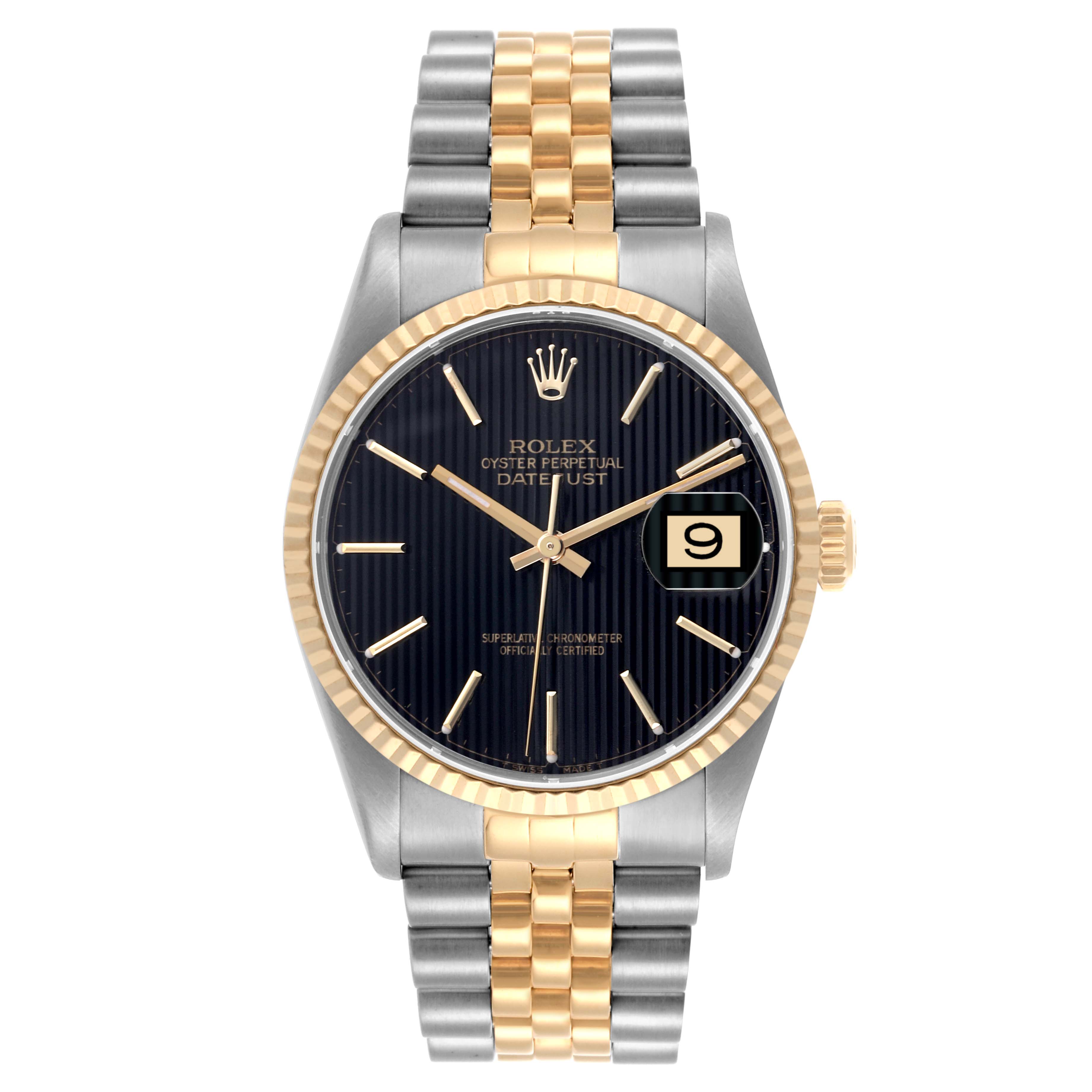 The Rolex Datejust 16233 Men's Steel and Gold (two tone) Black Dial 16233 Men's Steel and Gold (two tone) Black Dial watch is shown from a front angle, displaying the dial, bezel, and bracelet.