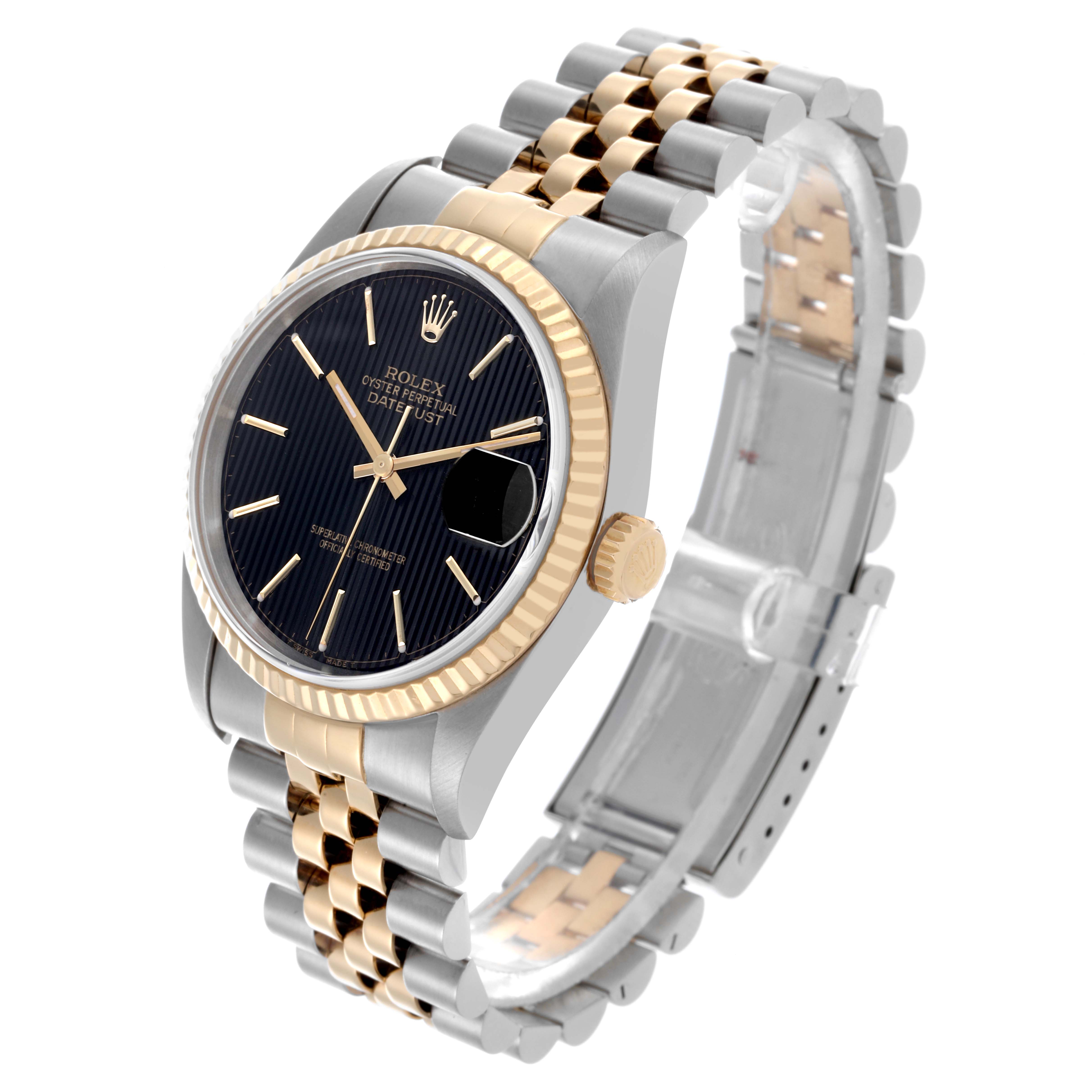 The Rolex Datejust 16233 Men's Steel and Gold (two tone) Black Dial 16233 Men's Steel and Gold (two tone) Black Dial watch is shown at a three-quarter angle, highlighting the face, bezel, crown, and bracelet.
