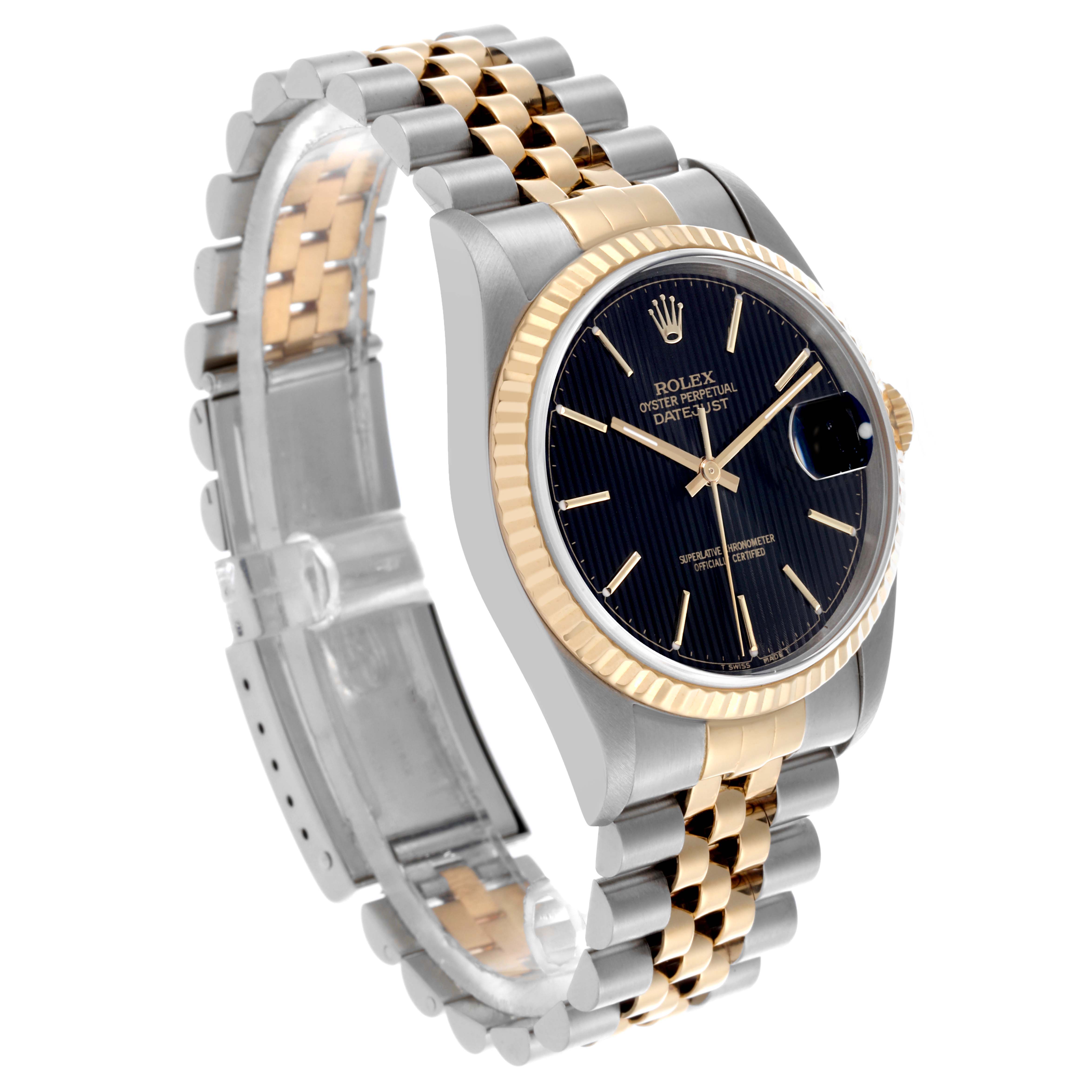 The image shows a Rolex Datejust 16233 Men's Steel and Gold (two tone) Black Dial 16233 Men's Steel and Gold (two tone) Black Dial watch at a three-quarter angle, highlighting the dial, bezel, and two-tone bracelet.