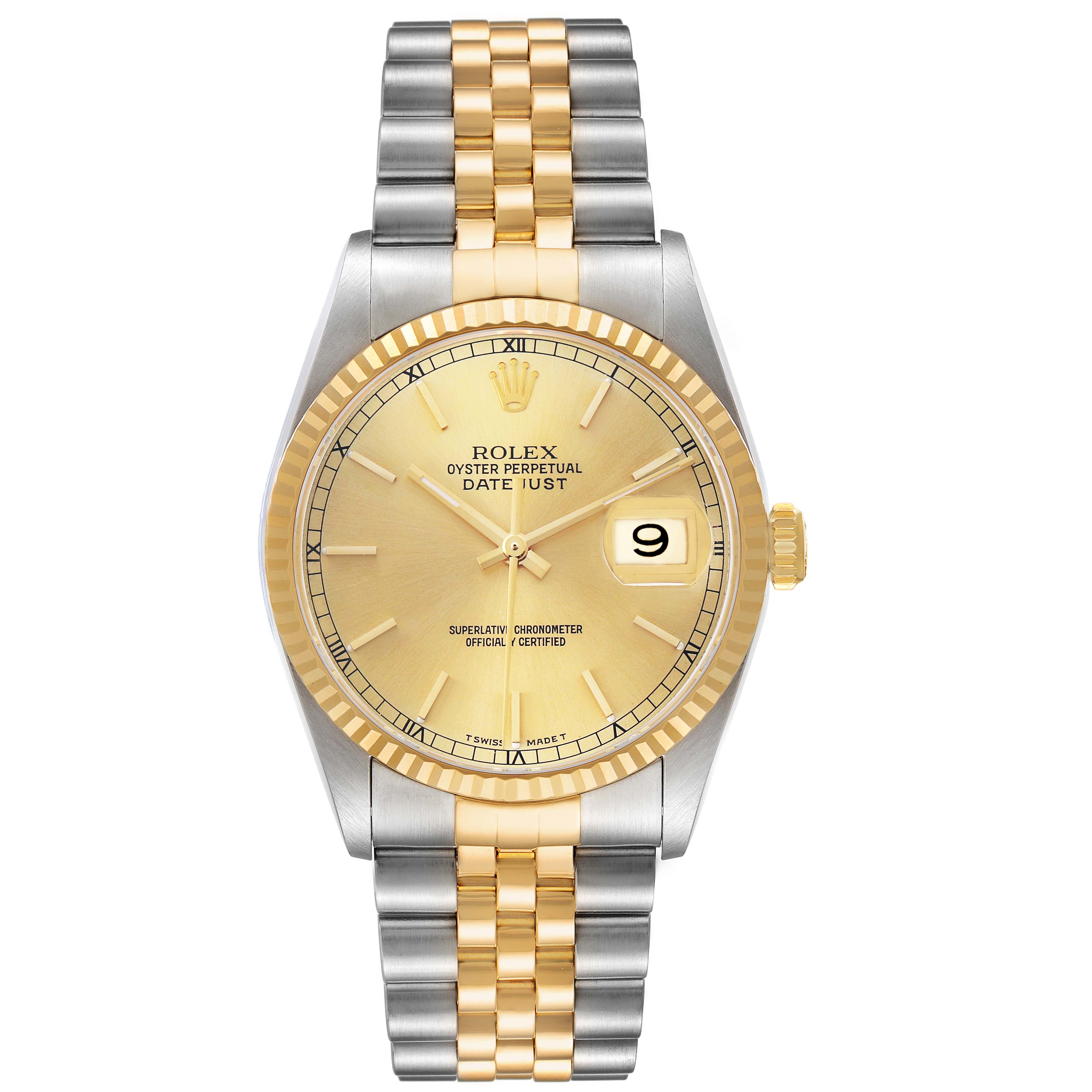 The Rolex Datejust 16233 Men's Steel and Gold (two tone) Champagne Dial is shown from a top view, displaying its dial, bezel, and two-tone bracelet.
