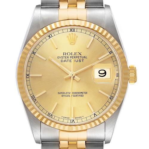 The Rolex Datejust 16233 Men's Steel and Gold (two tone) Champagne Dial watch is shown from the front, displaying the dial, bezel, crown, and partial bracelet.