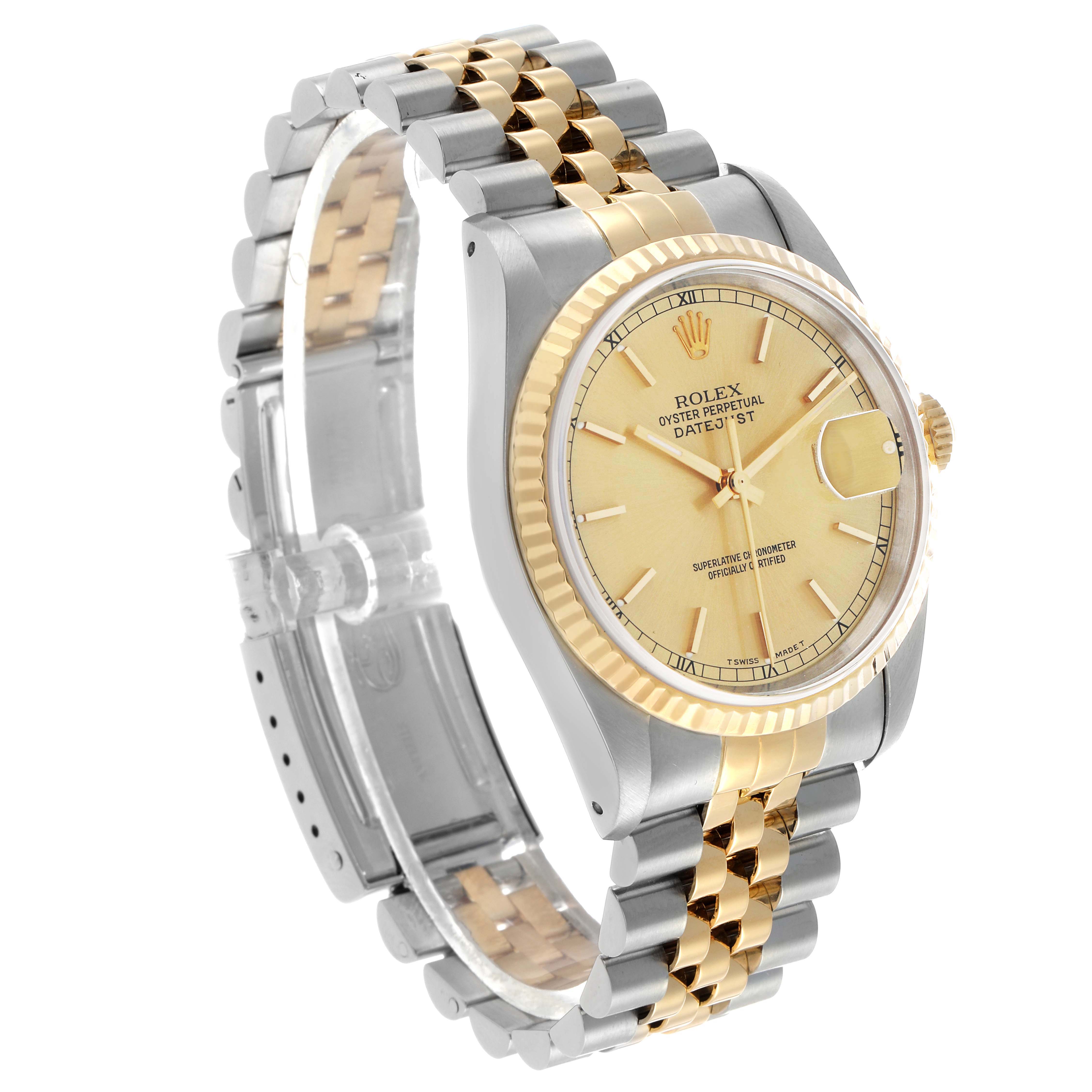 The Rolex Datejust 16233 Men's Steel and Gold (two tone) Champagne Dial watch is shown at a slight angle, displaying the dial, fluted bezel, part of the bracelet, and side profile.