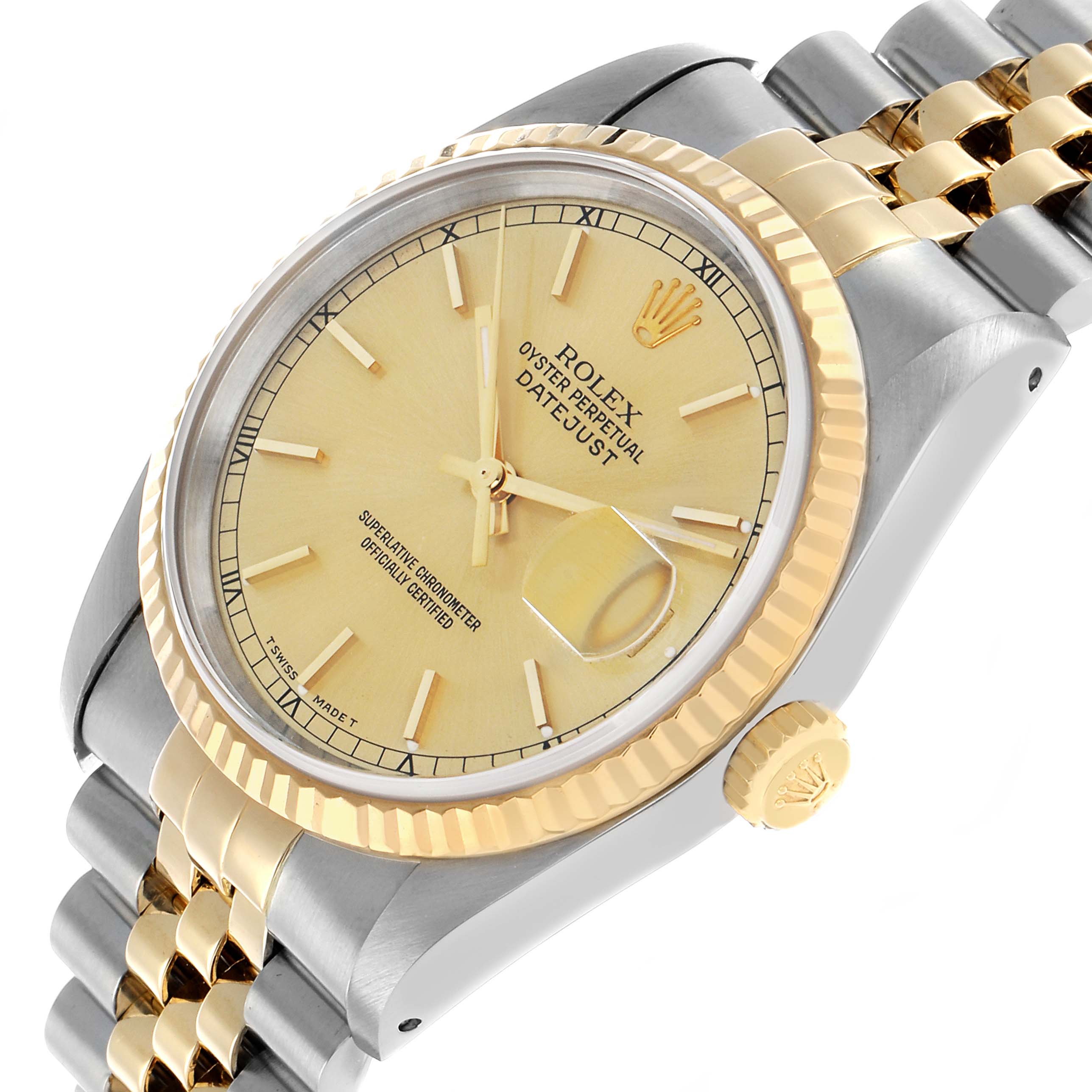 The Rolex Datejust 16233 Men's Steel and Gold (two tone) Champagne Dial watch is shown at an angled side view, highlighting the dial, bezel, crown, and part of the bracelet.