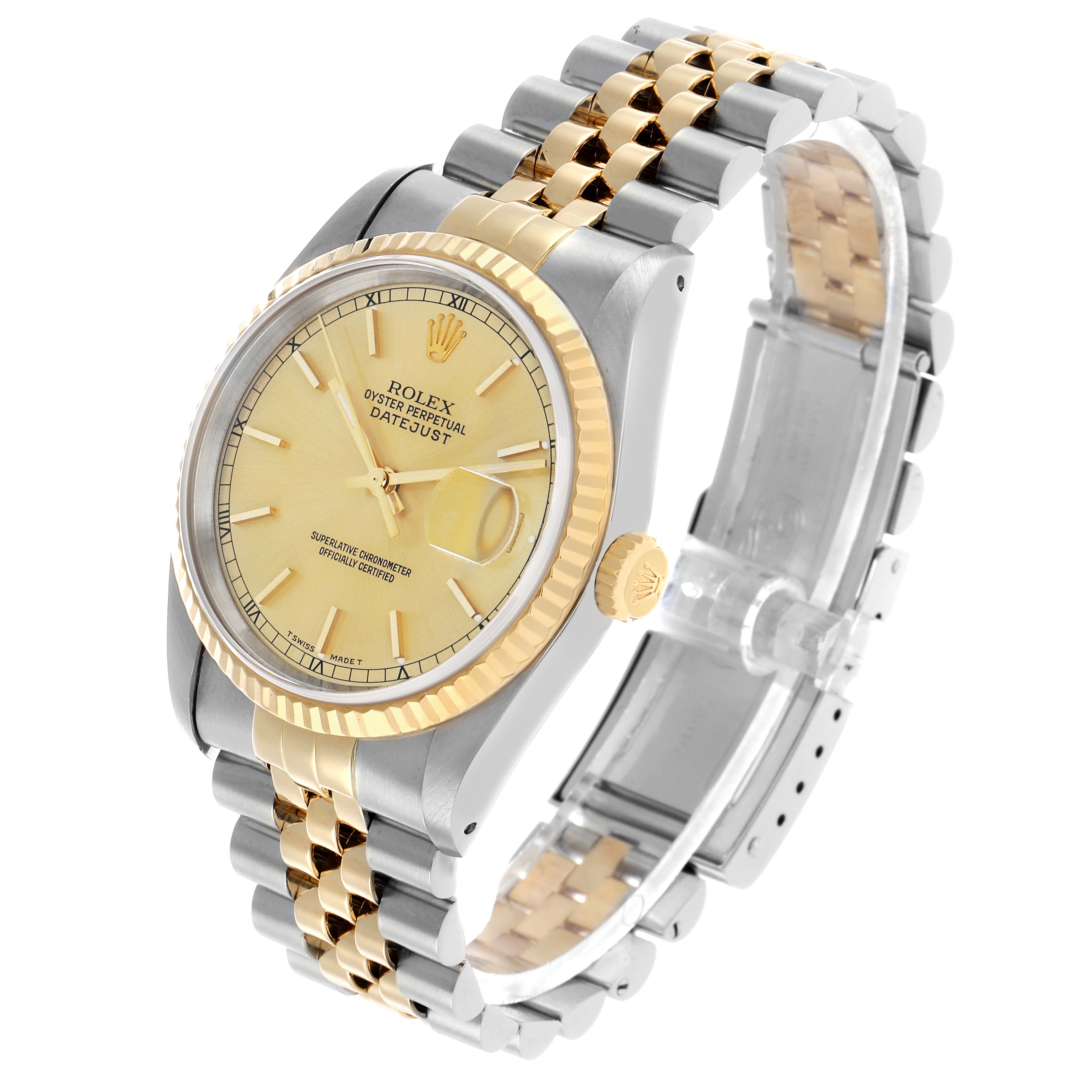 The Rolex Datejust 16233 Men's Steel and Gold (two tone) Champagne Dial watch is shown from an angled side view, displaying the face, bezel, crown, and jubilee bracelet.