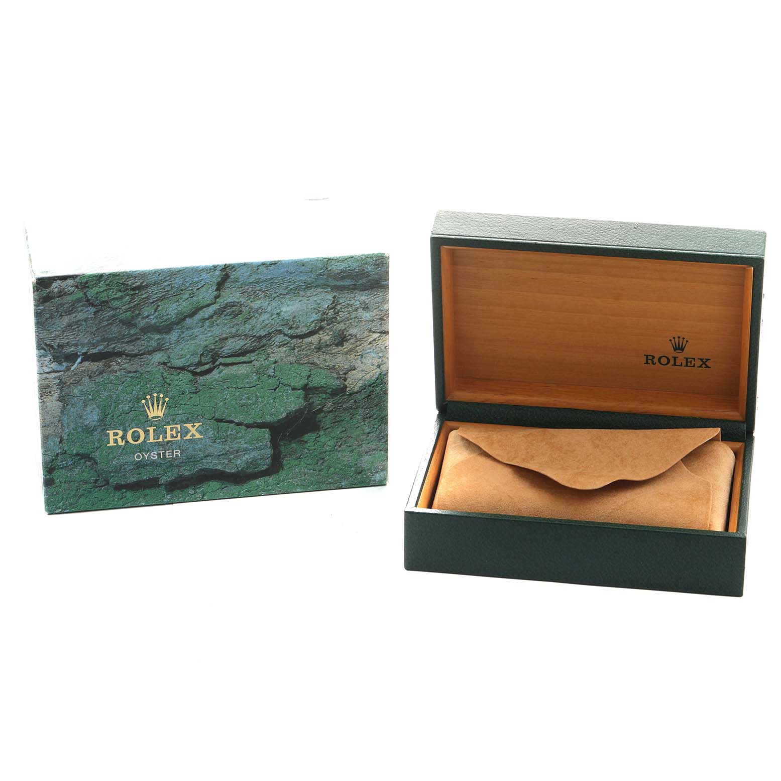 The image shows a Rolex Datejust 16233 Men's Steel and Gold (two tone) Champagne Dial box and cover, with the box open and a suede pouch inside.