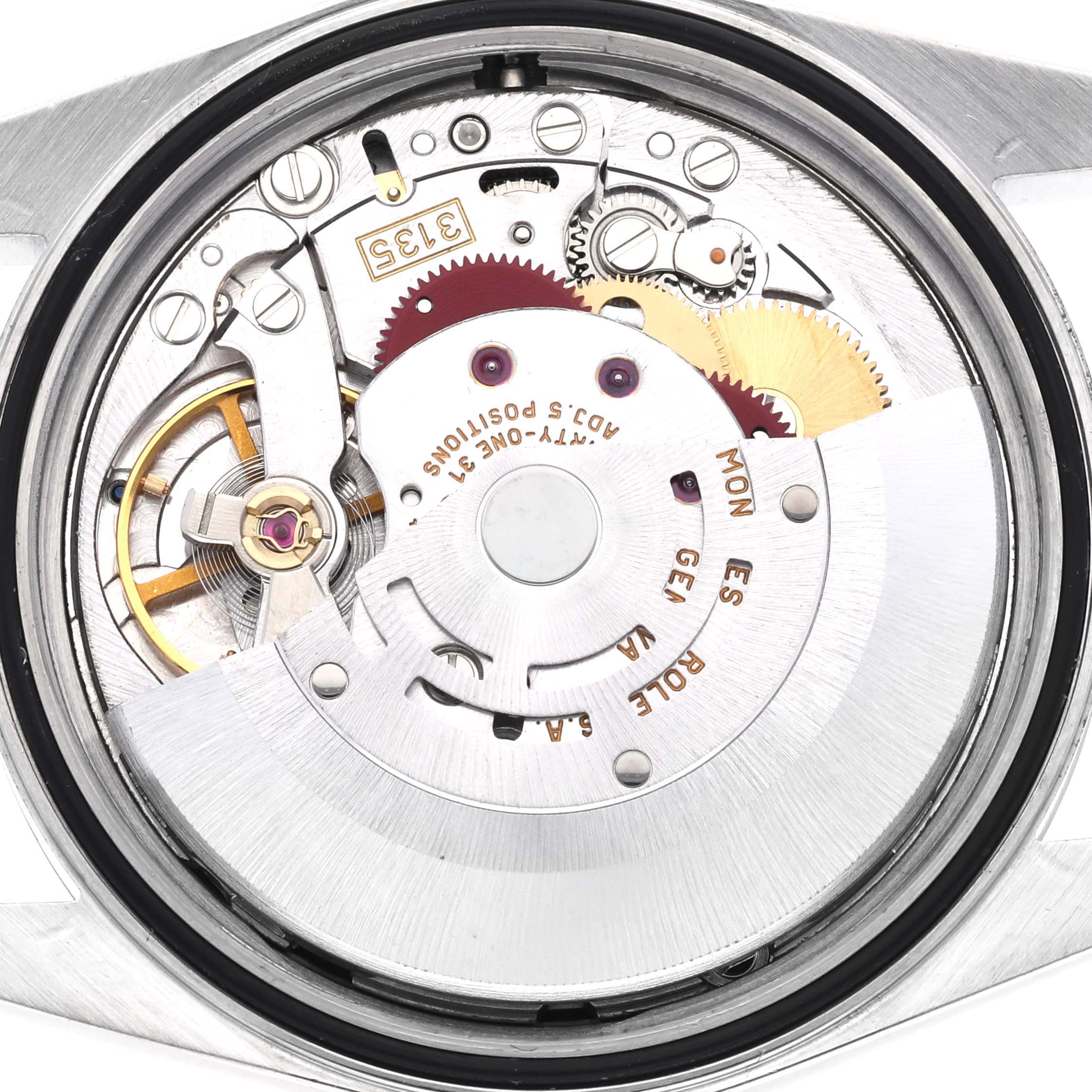 The image shows the movement and internal mechanism of a Rolex Datejust 16234 Men's Stainless Steel Black Dial 16234 Men's Stainless Steel Black Dial watch from the back view.