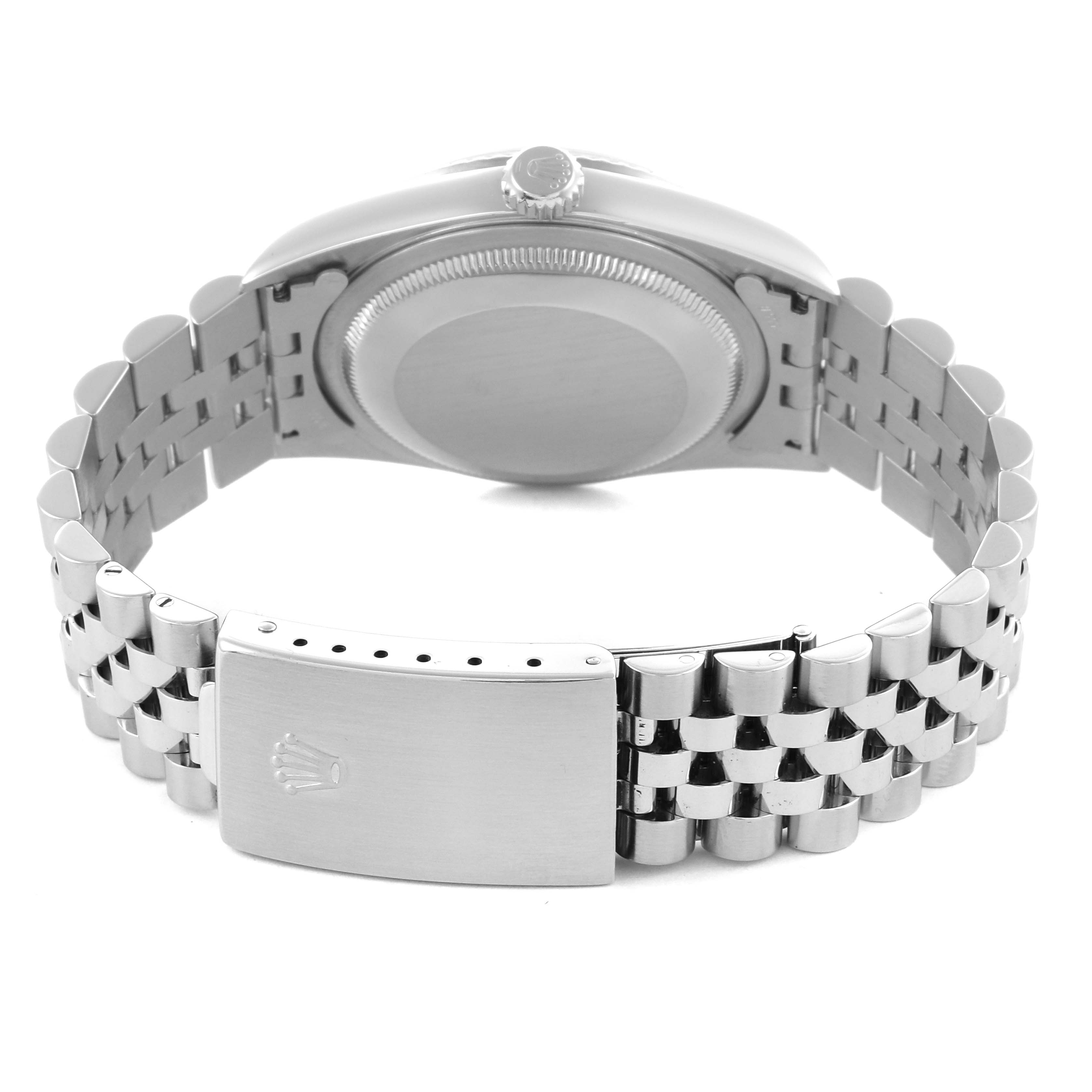 The image shows the back view of a Rolex Datejust 16234 Men's Stainless Steel Black Dial 16234 Men's Stainless Steel Black Dial watch, focusing on the case, crown, and Jubilee bracelet clasp.