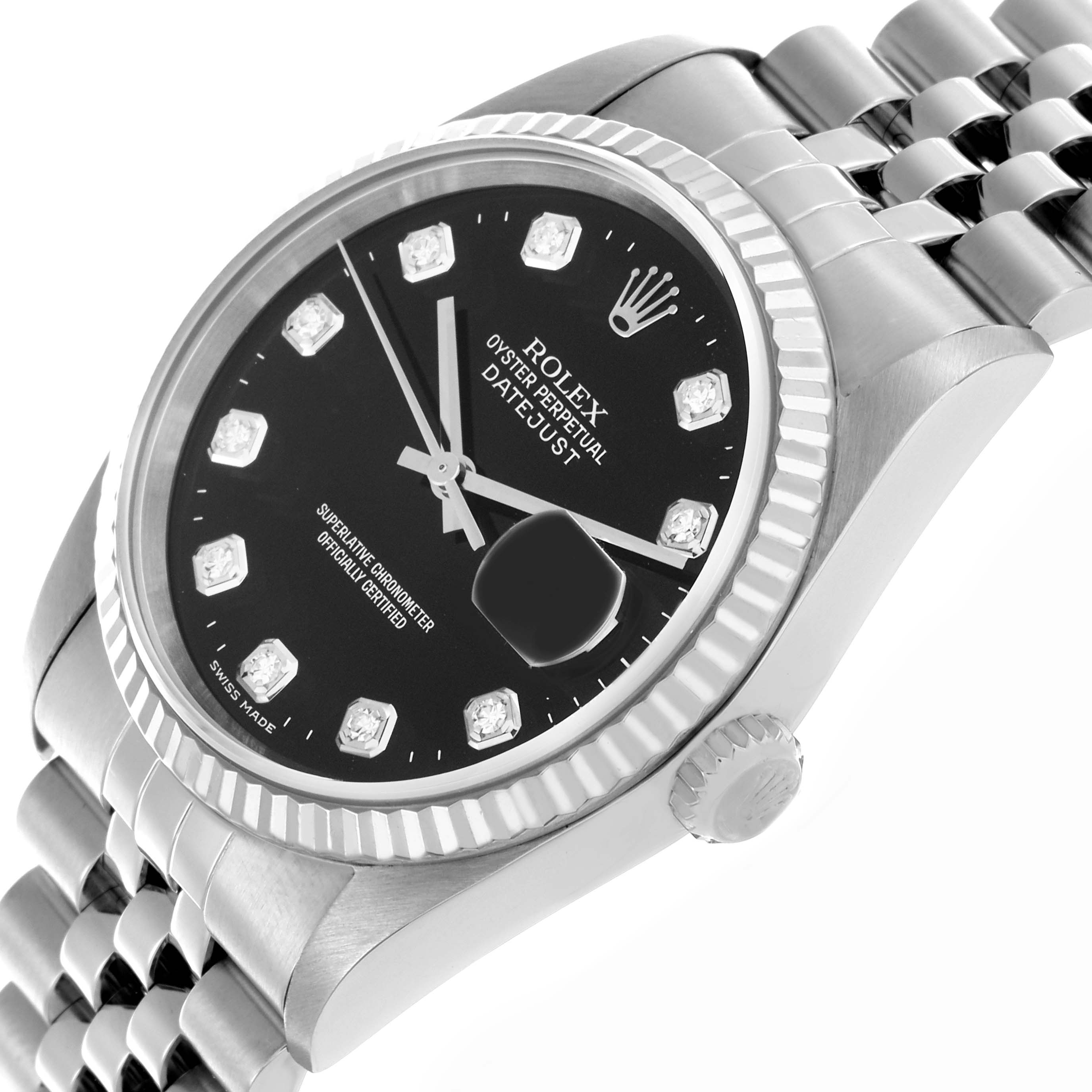 The Rolex Datejust 16234 Men's Stainless Steel Black Dial 16234 Men's Stainless Steel Black Dial watch is shown at an angle highlighting the dial, bezel, crown, and part of the bracelet.