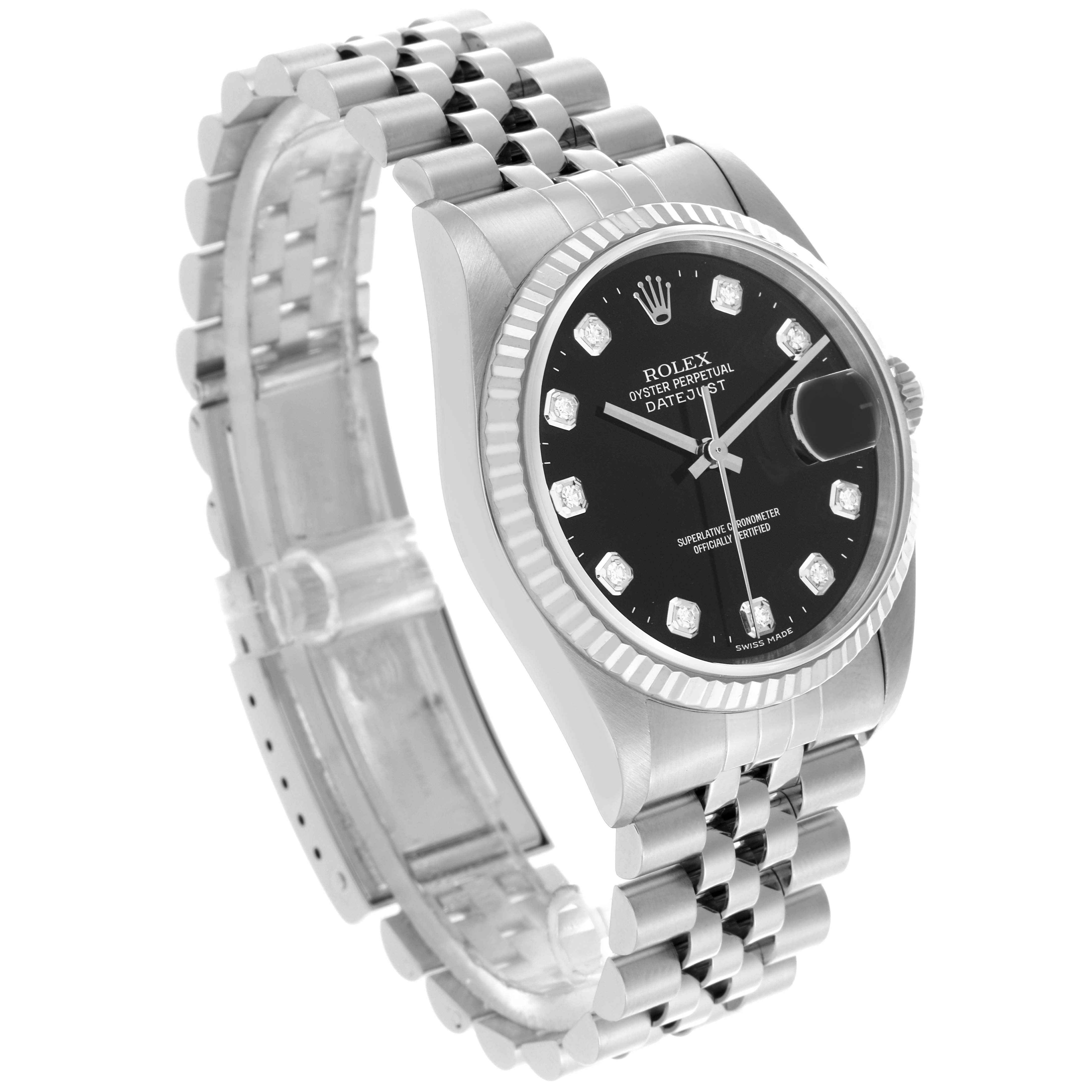 The Rolex Datejust 16234 Men's Stainless Steel Black Dial 16234 Men's Stainless Steel Black Dial watch is shown at a three-quarter angle, highlighting the face, bezel, and bracelet.