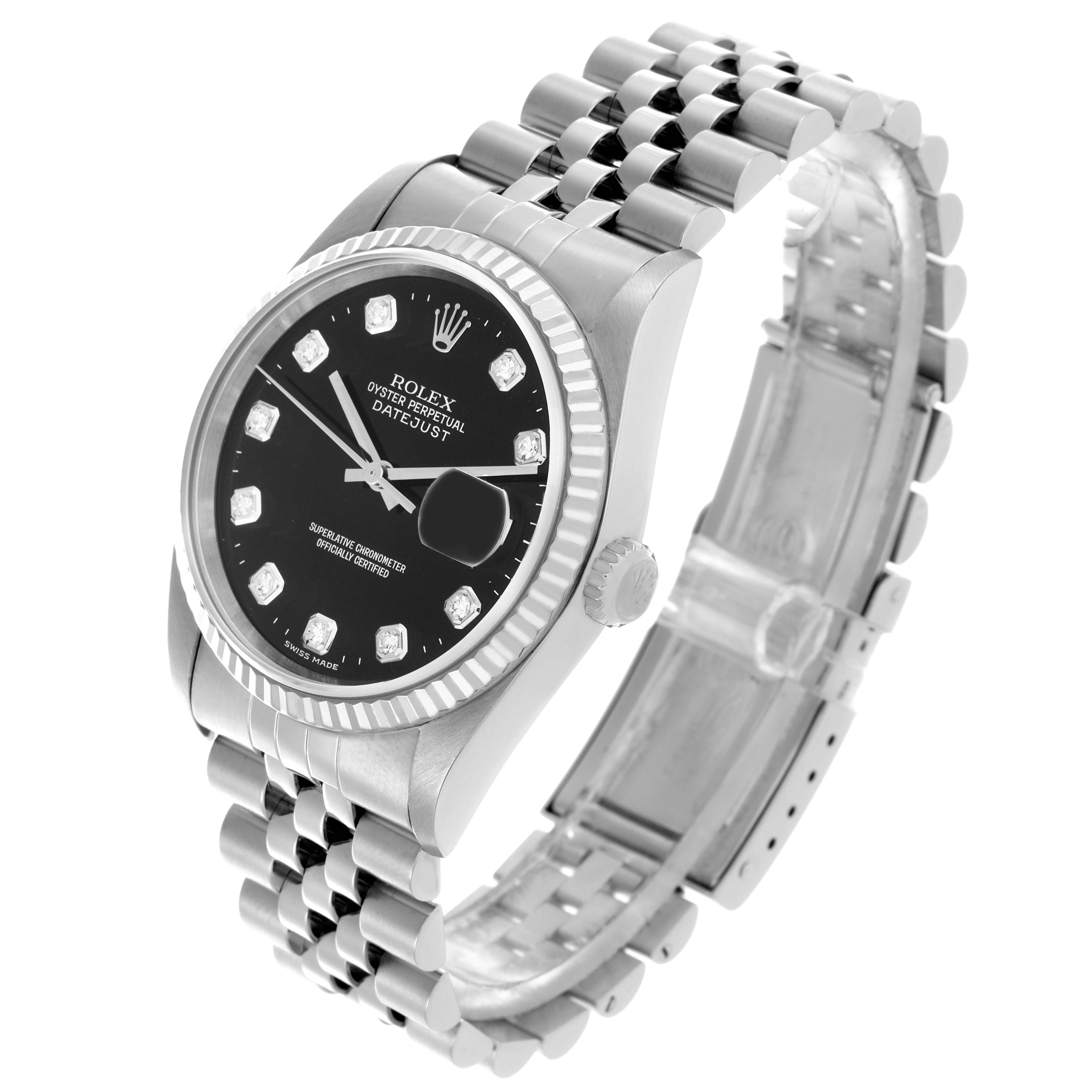 The Rolex Datejust 16234 Men's Stainless Steel Black Dial 16234 Men's Stainless Steel Black Dial watch is shown at a slight angle, displaying the face, bezel, crown, and part of the Jubilee bracelet.