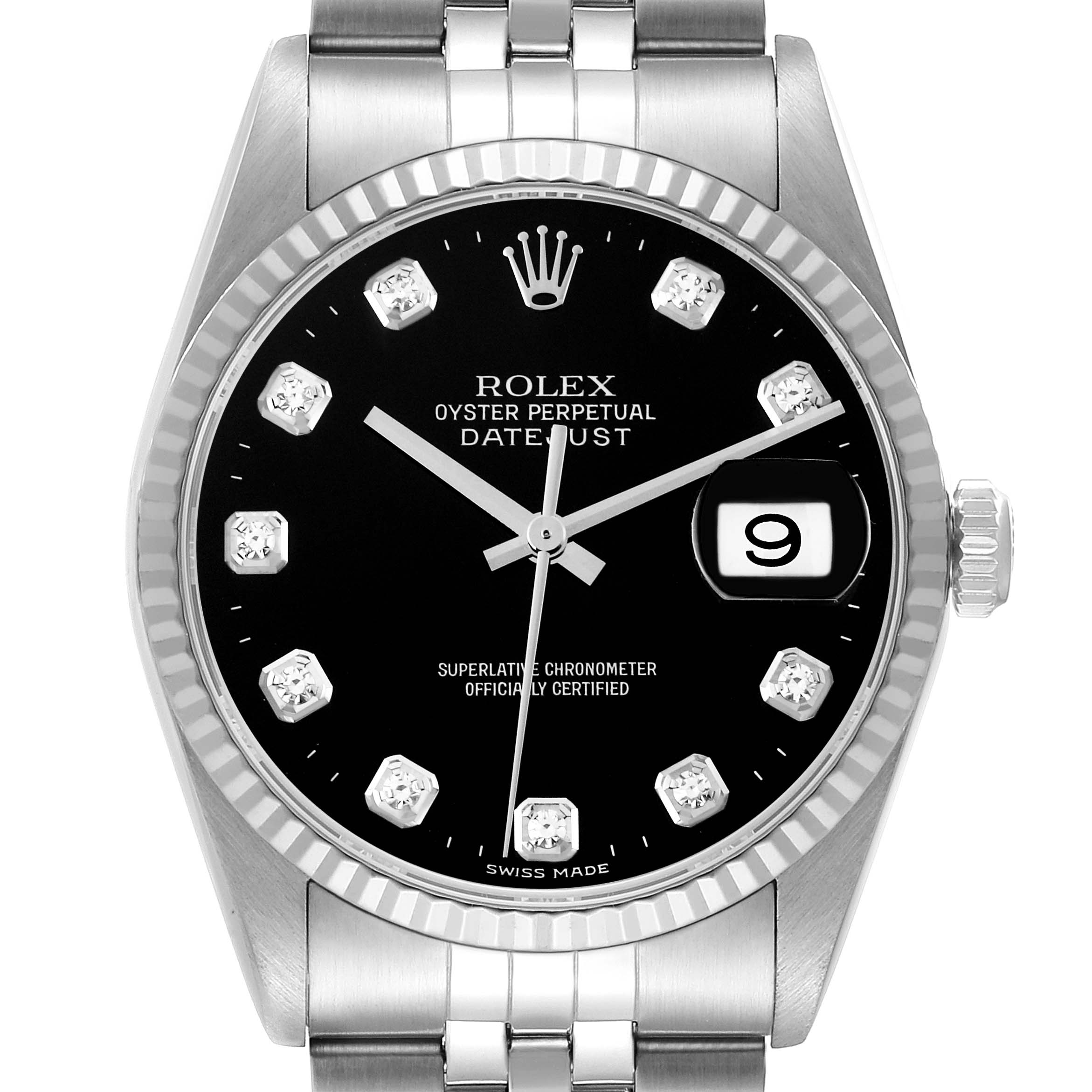 The Rolex Datejust 16234 Men's Stainless Steel Black Dial 16234 Men's Stainless Steel Black Dial watch is shown from a front angle, displaying the face, winder, and part of the bracelet.