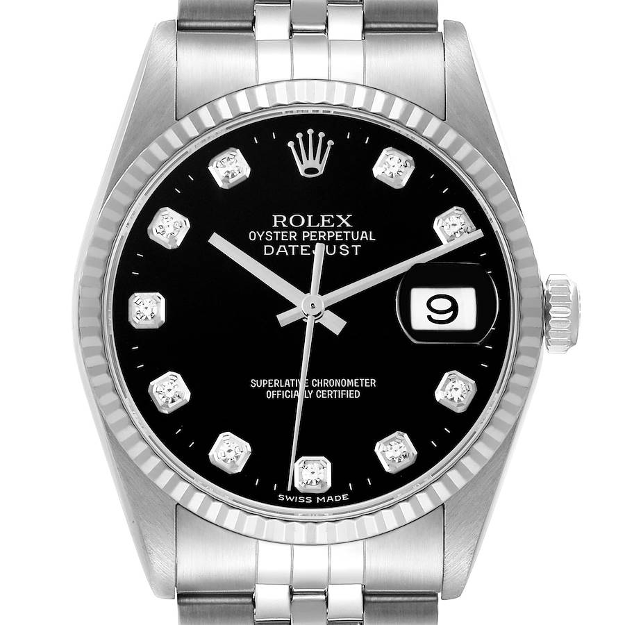 The Rolex Datejust watch is shown from a front angle, displaying the face, winder, and part of the bracelet.