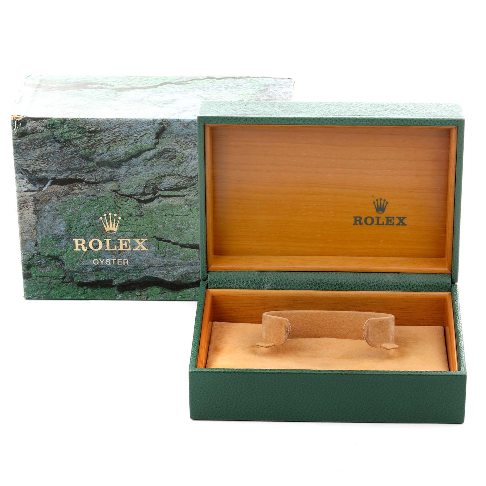 The image shows an open Rolex Datejust 16234 Men's Stainless Steel Black Dial 16234 Men's Stainless Steel Black Dial watch box and its outer packaging from a high angle.