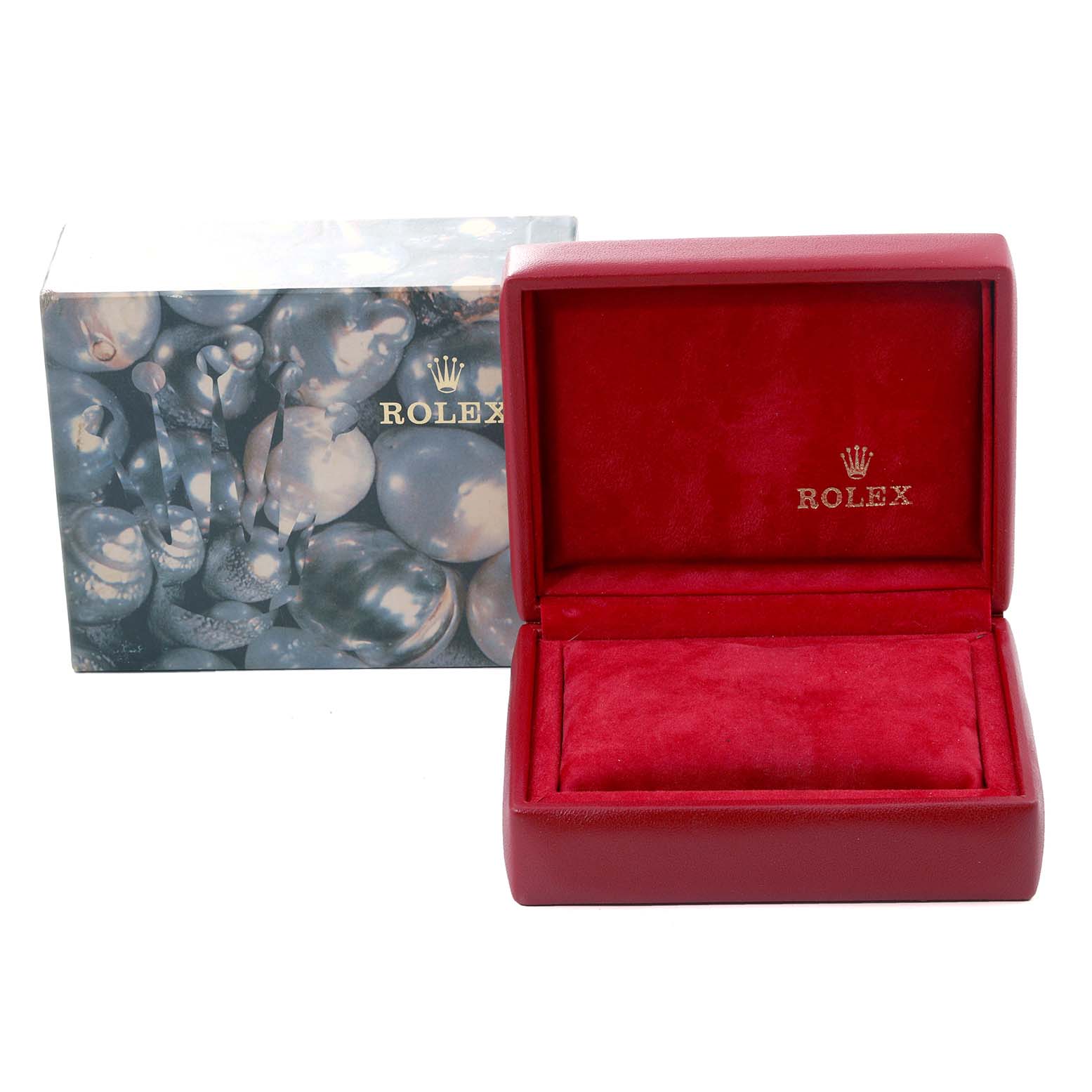 The image shows a red Rolex Datejust 69173 Women's Steel and Gold (two tone) Champagne Dial 69173 Women's Steel and Gold (two tone) Champagne Dial watch box and its decorative outer box.