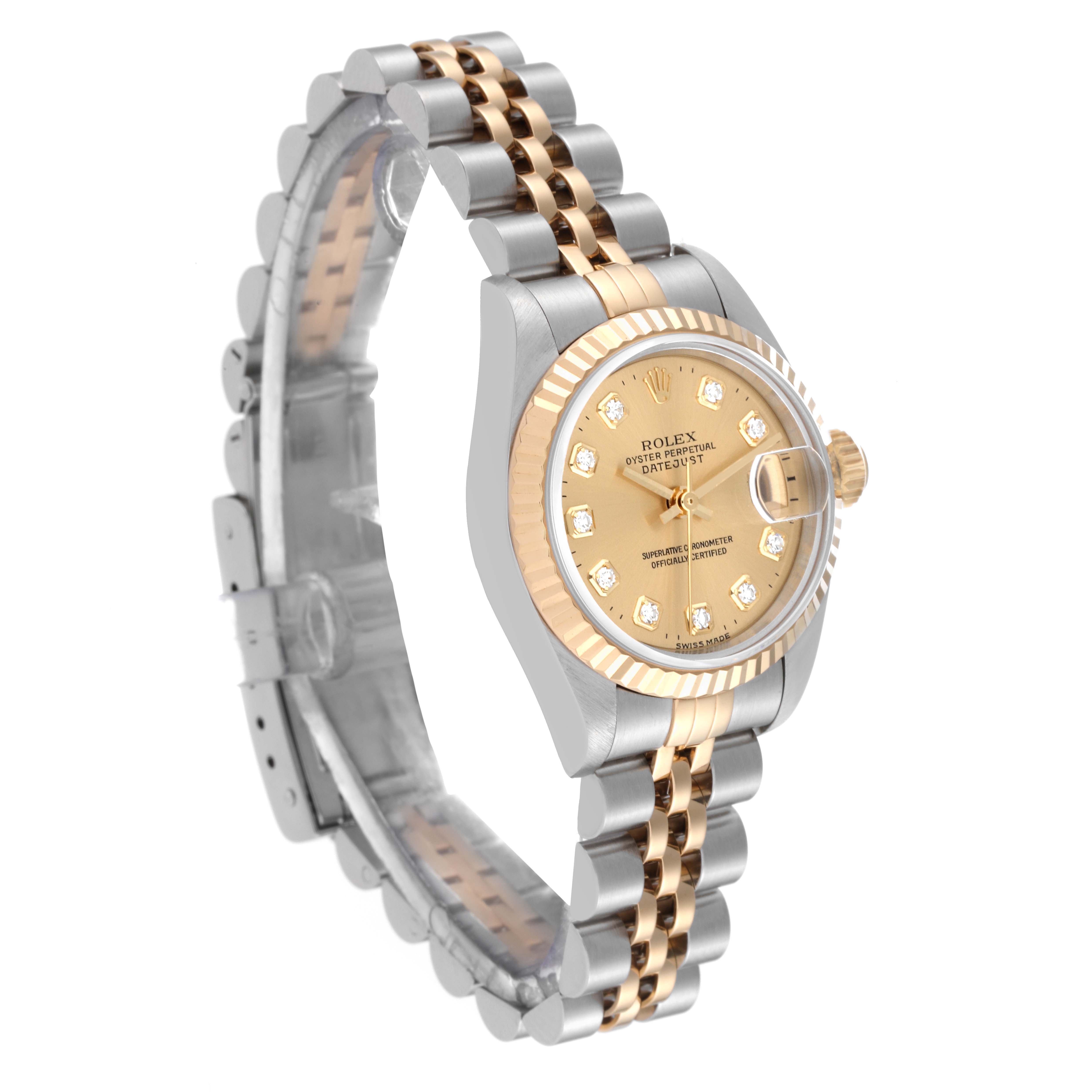 The image shows a Rolex Datejust 69173 Women's Steel and Gold (two tone) Champagne Dial 69173 Women's Steel and Gold (two tone) Champagne Dial watch at a three-quarter angle, displaying the dial, bezel, and part of the bracelet.