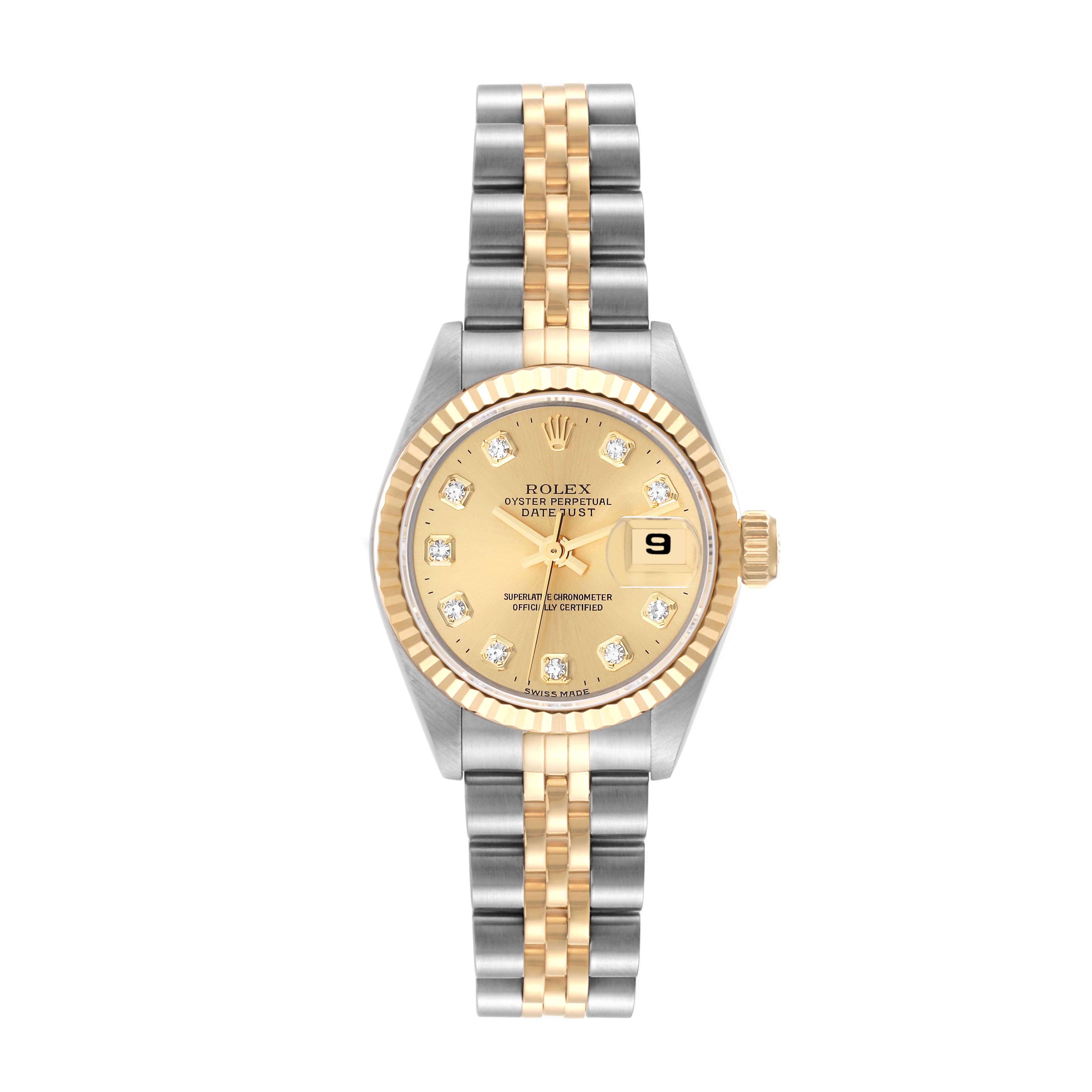 The image shows a front view of a Rolex Datejust 69173 Women's Steel and Gold (two tone) Champagne Dial 69173 Women's Steel and Gold (two tone) Champagne Dial watch with a gold and silver bracelet, gold bezel, and diamond hour markers.