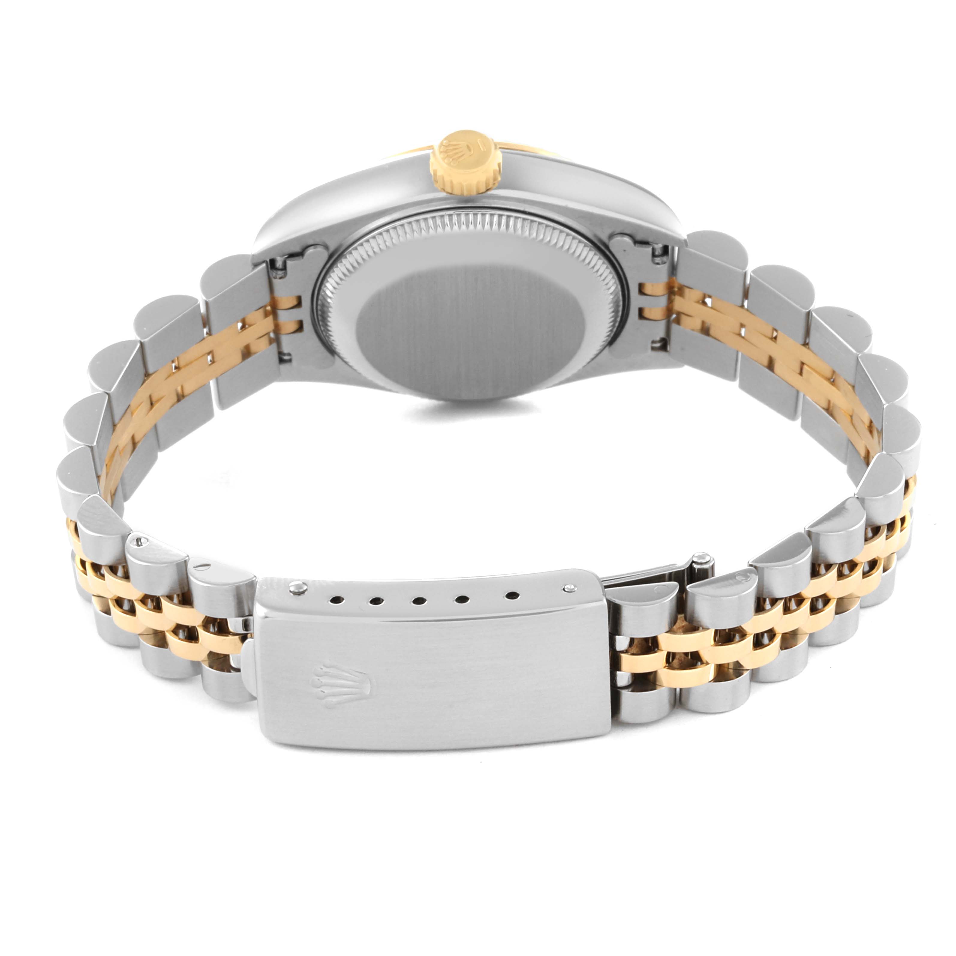 This image shows the back view of a Rolex Datejust 69173 Women's Steel and Gold (two tone) Champagne Dial 69173 Women's Steel and Gold (two tone) Champagne Dial watch, highlighting the clasp, bracelet, and case back.