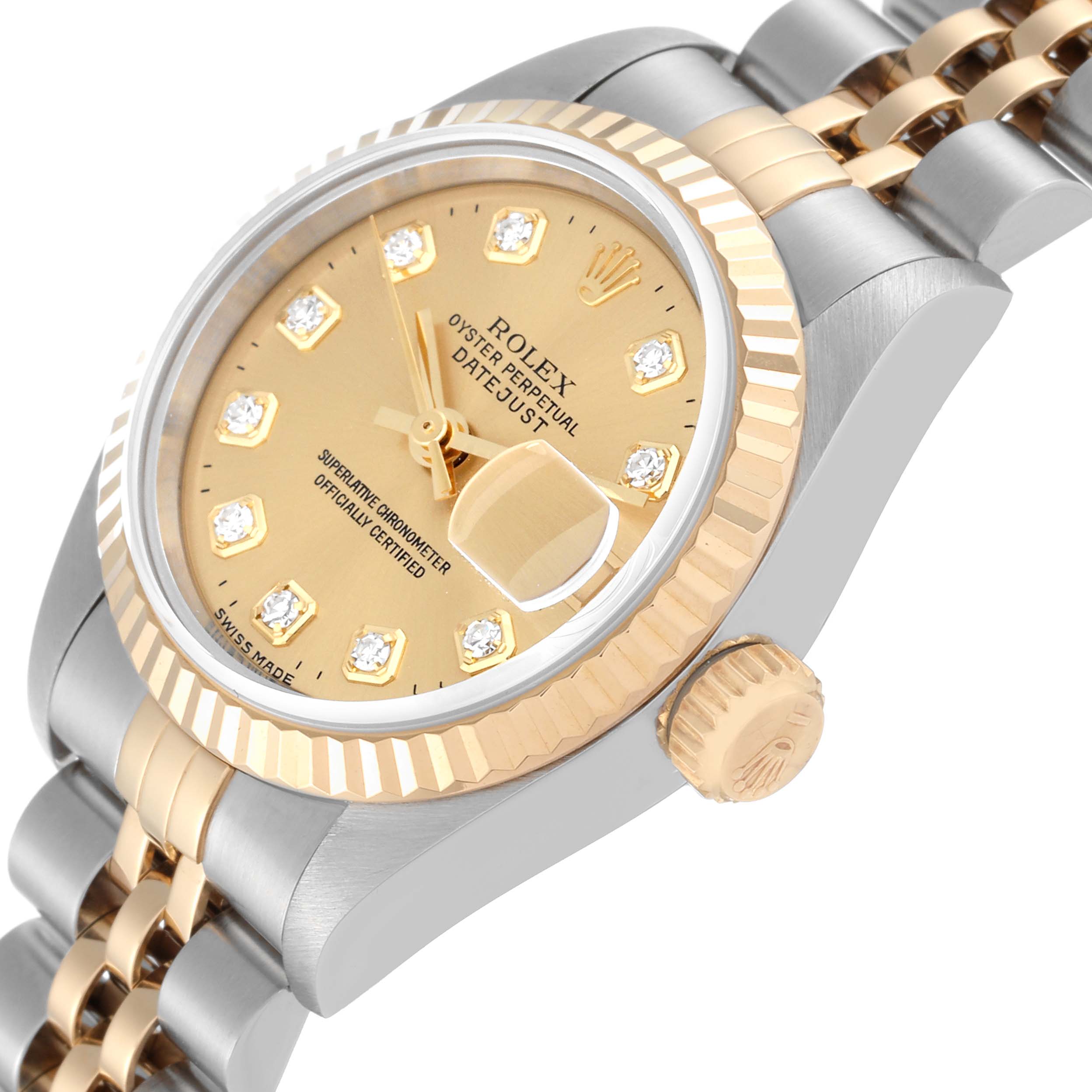 This image shows a close-up side angle of a Rolex Datejust 69173 Women's Steel and Gold (two tone) Champagne Dial 69173 Women's Steel and Gold (two tone) Champagne Dial watch, highlighting the dial, bezel, crown, and part of the bracelet.