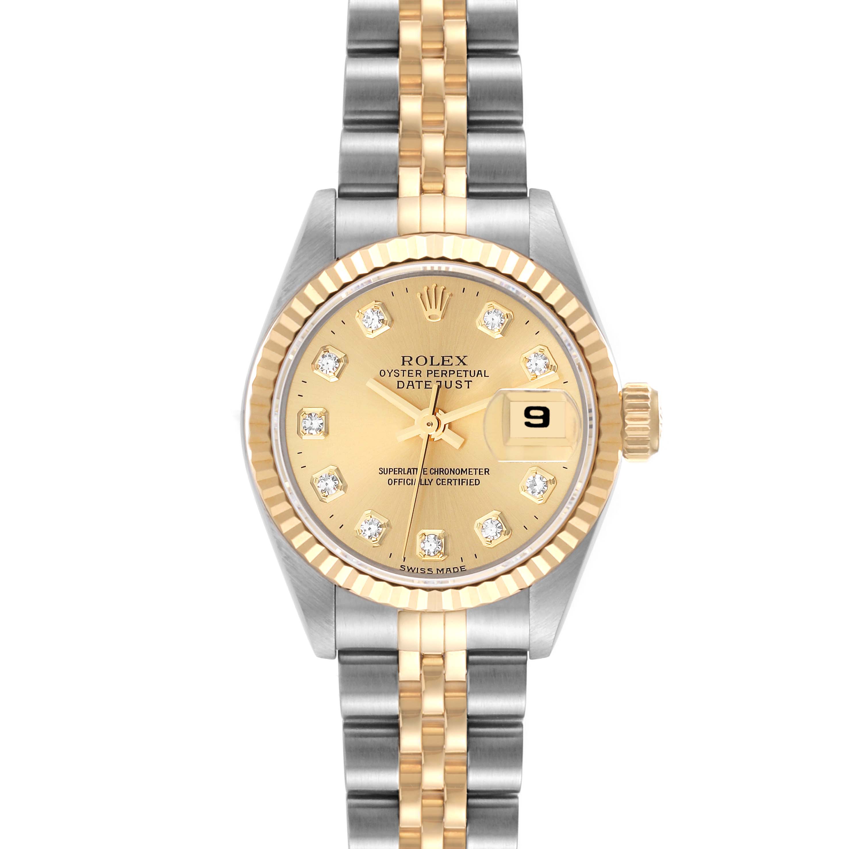 The image shows a frontal view of a Rolex Datejust 69173 Women's Steel and Gold (two tone) Champagne Dial 69173 Women's Steel and Gold (two tone) Champagne Dial watch, highlighting the gold dial, fluted bezel, and two-tone bracelet.