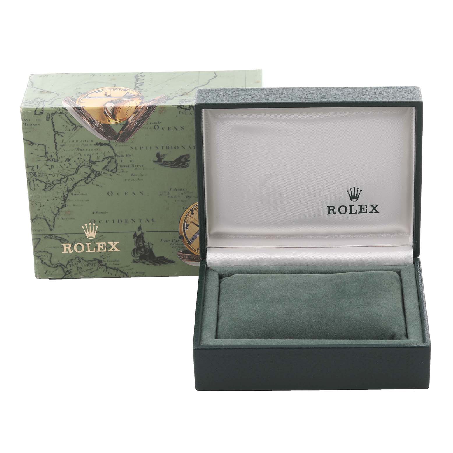 The image shows a Rolex Vintage Collection 16030 Men's Stainless Steel Silver Dial 16030 Men's Stainless Steel Silver Dial watch box and outer packaging from a straight-on angle.