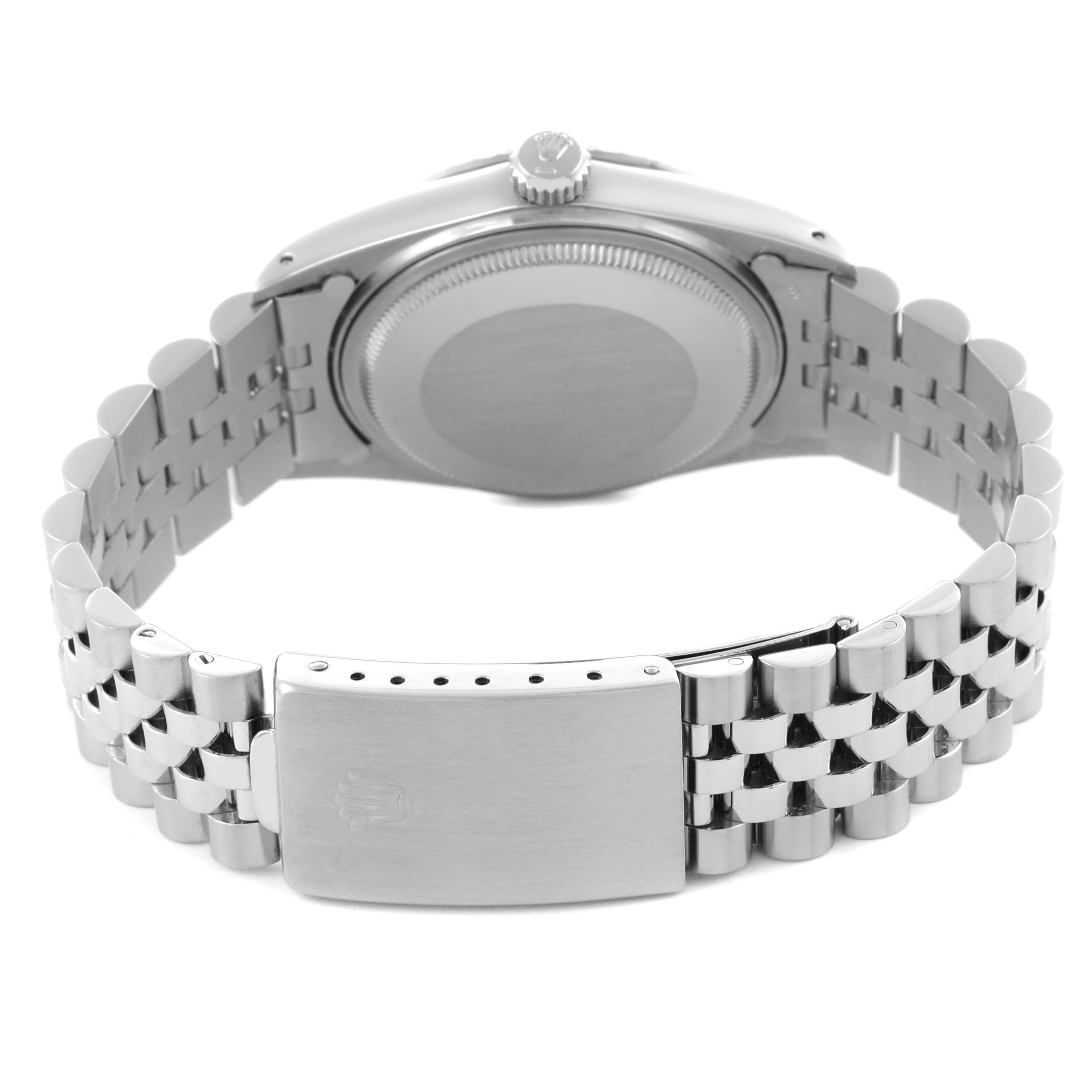 The Rolex Vintage Collection 16030 Men's Stainless Steel Silver Dial 16030 Men's Stainless Steel Silver Dial watch is shown from the back, highlighting the bracelet and clasp.