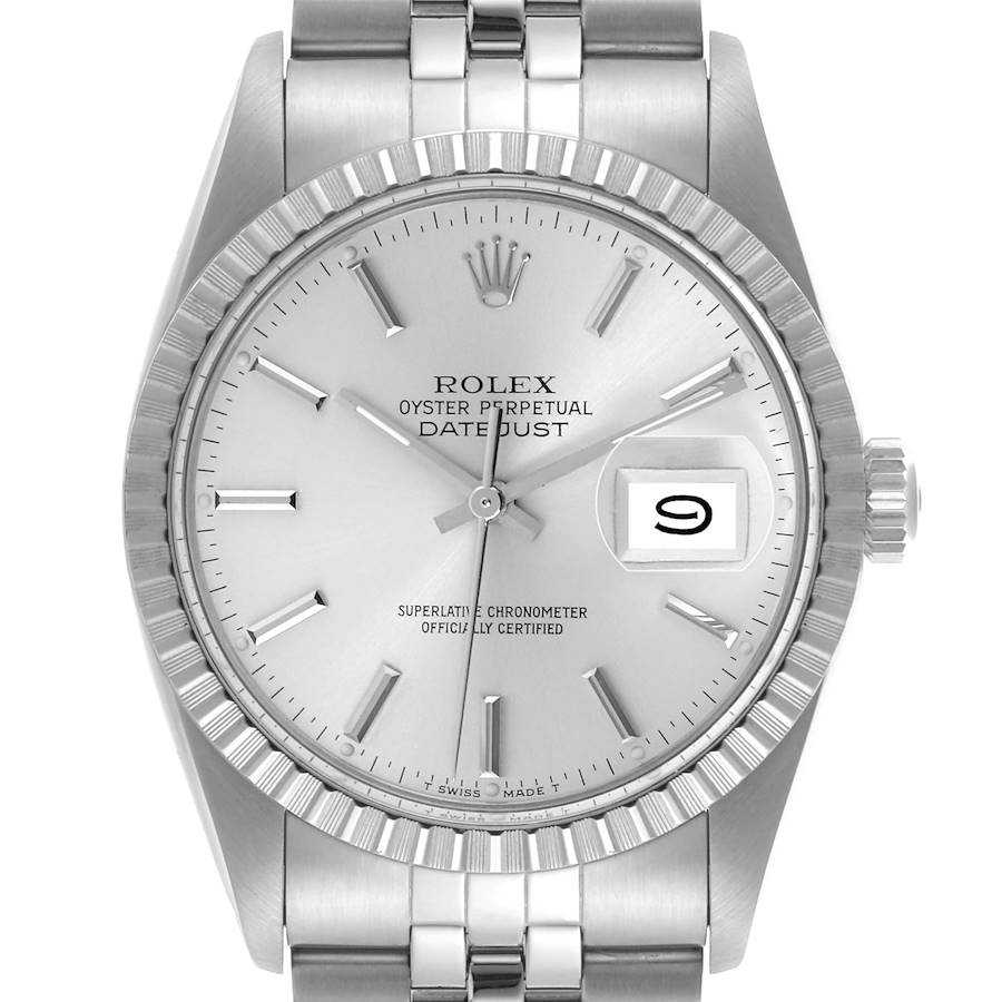 The Rolex Vintage Collection model is shown from a front angle, displaying the face, bezel, and part of the bracelet.