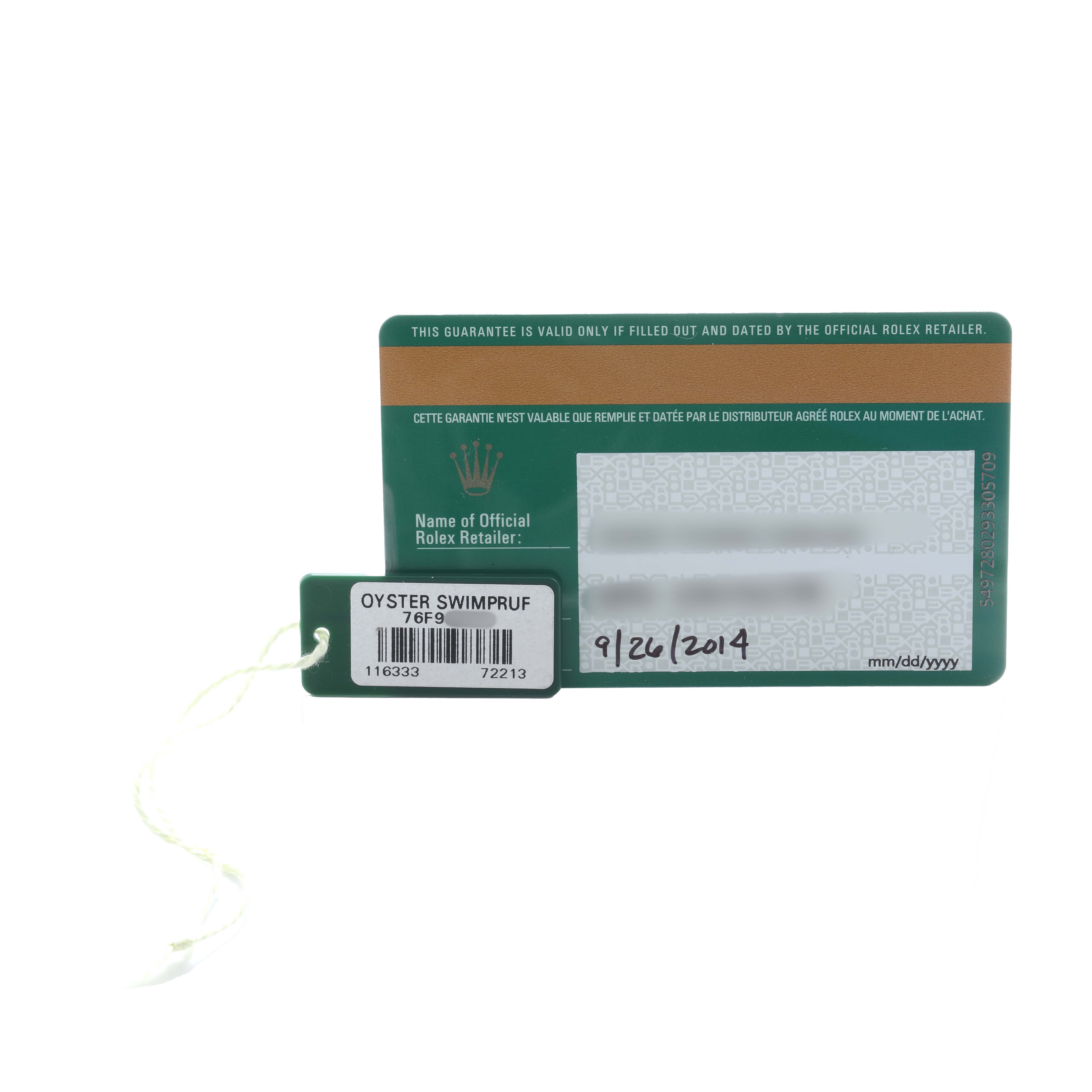 The image shows a Rolex Datejust 41 116333 Men's Steel and Gold (two tone) Grey Dial guarantee card with attached Oyster Swimpruf tag, featuring text and a date.