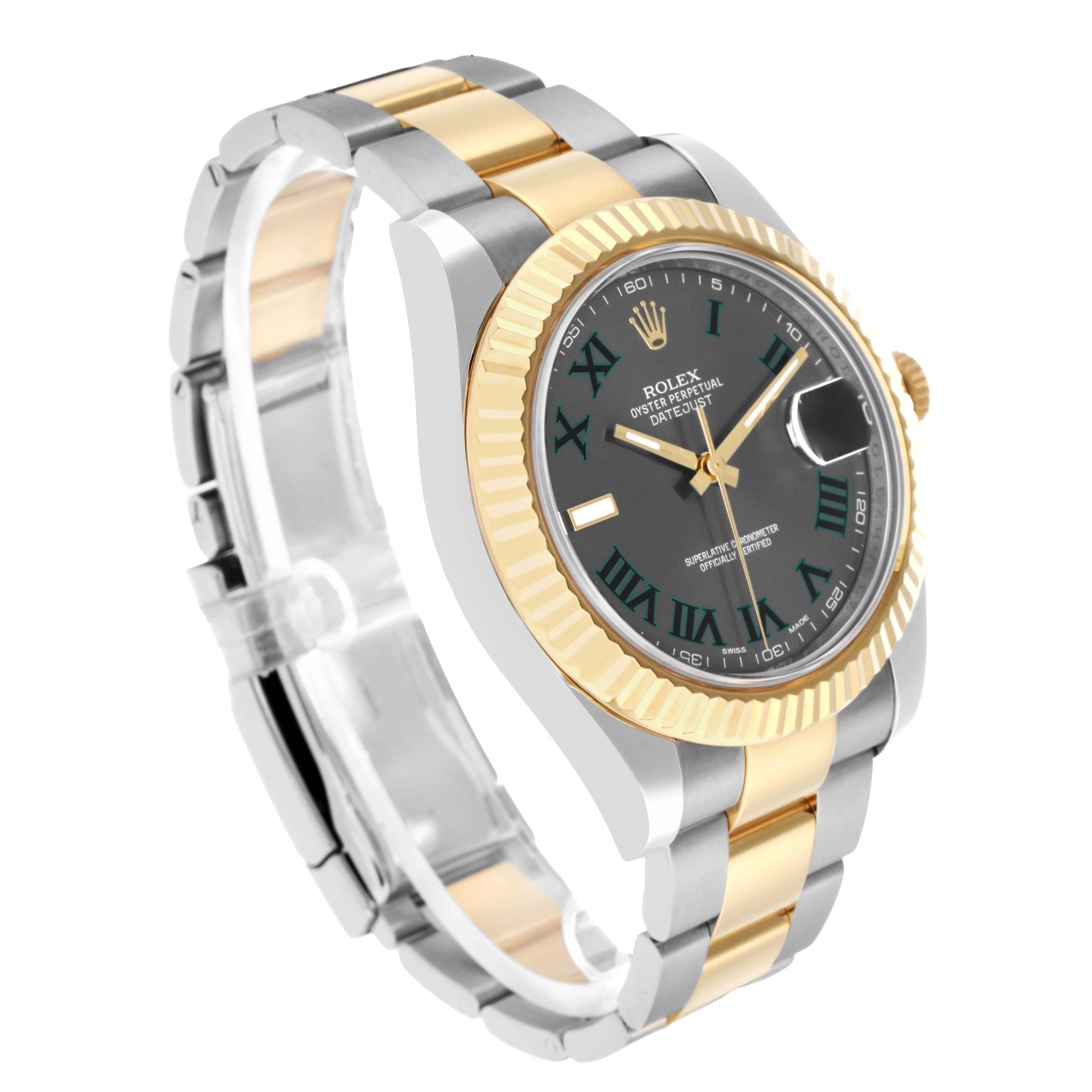 The Rolex Datejust 41 116333 Men's Steel and Gold (two tone) Grey Dial is shown at an angled view, highlighting its mixed gold and silver bracelet, fluted bezel, and dark dial.