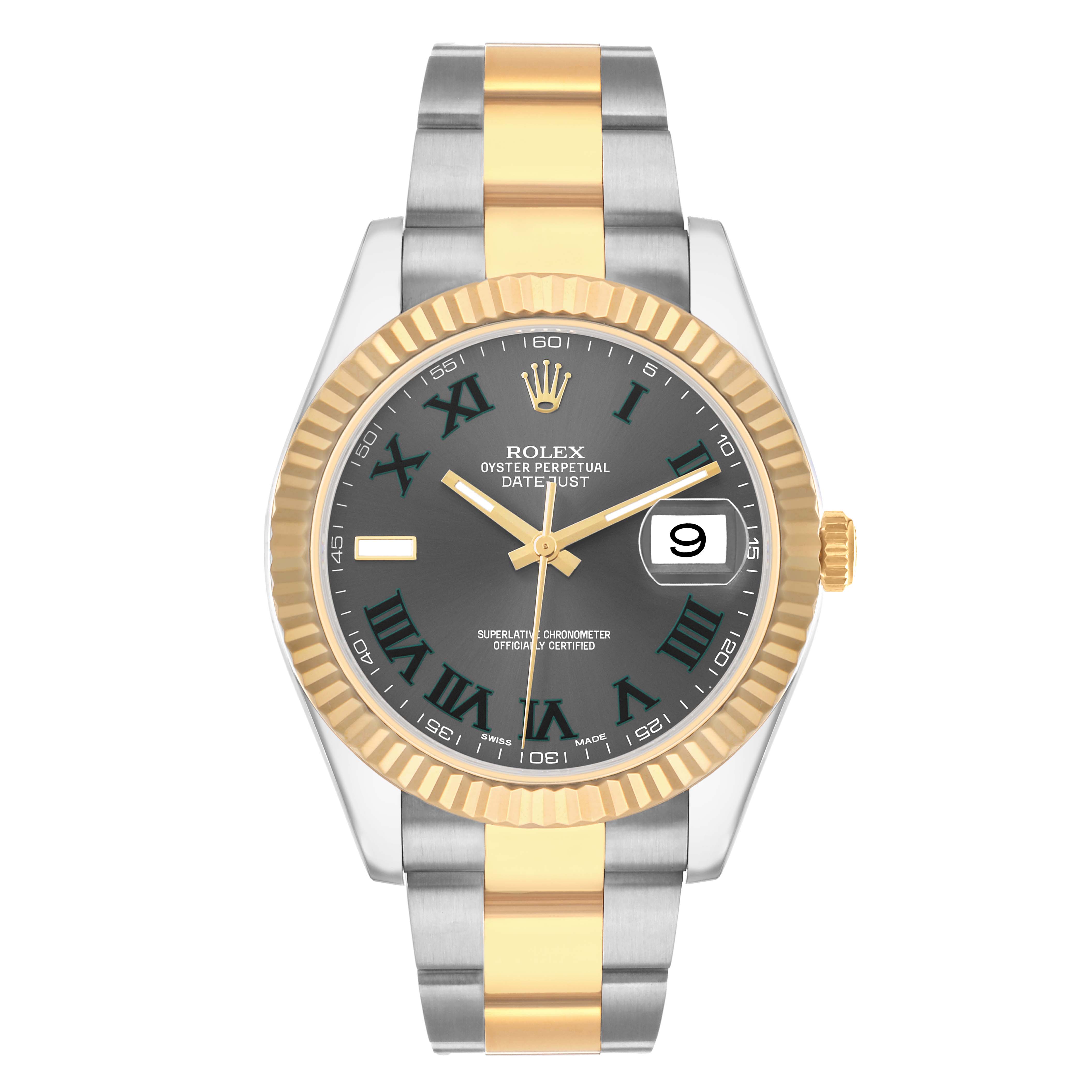 The Rolex Datejust 41 116333 Men's Steel and Gold (two tone) Grey Dial watch is shown from a front angle, displaying the dial, bezel, and two-tone bracelet.
