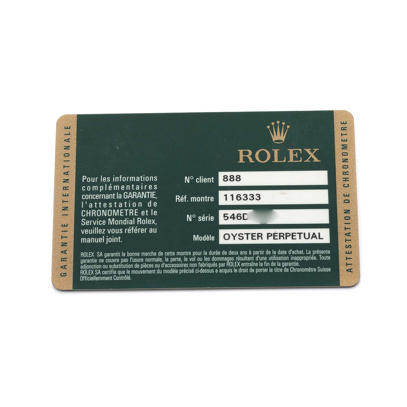 This image shows a warranty card for a Rolex Datejust 41 116333 Men's Steel and Gold (two tone) Black Dial, providing reference and serial numbers.