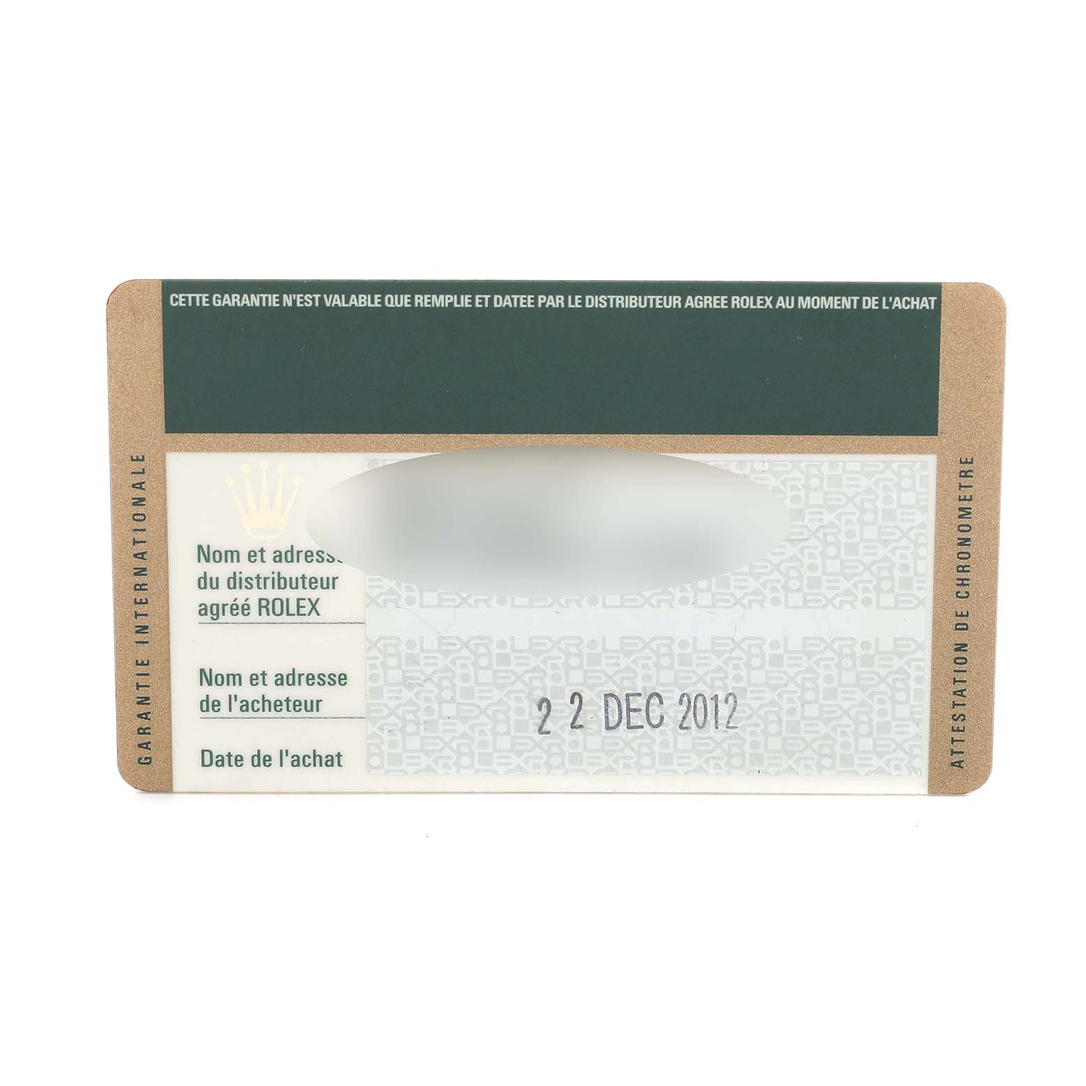 This is an image of the warranty card for a Rolex Datejust 41 116333 Men's Steel and Gold (two tone) Black Dial, showing details such as purchase date and distributor information.