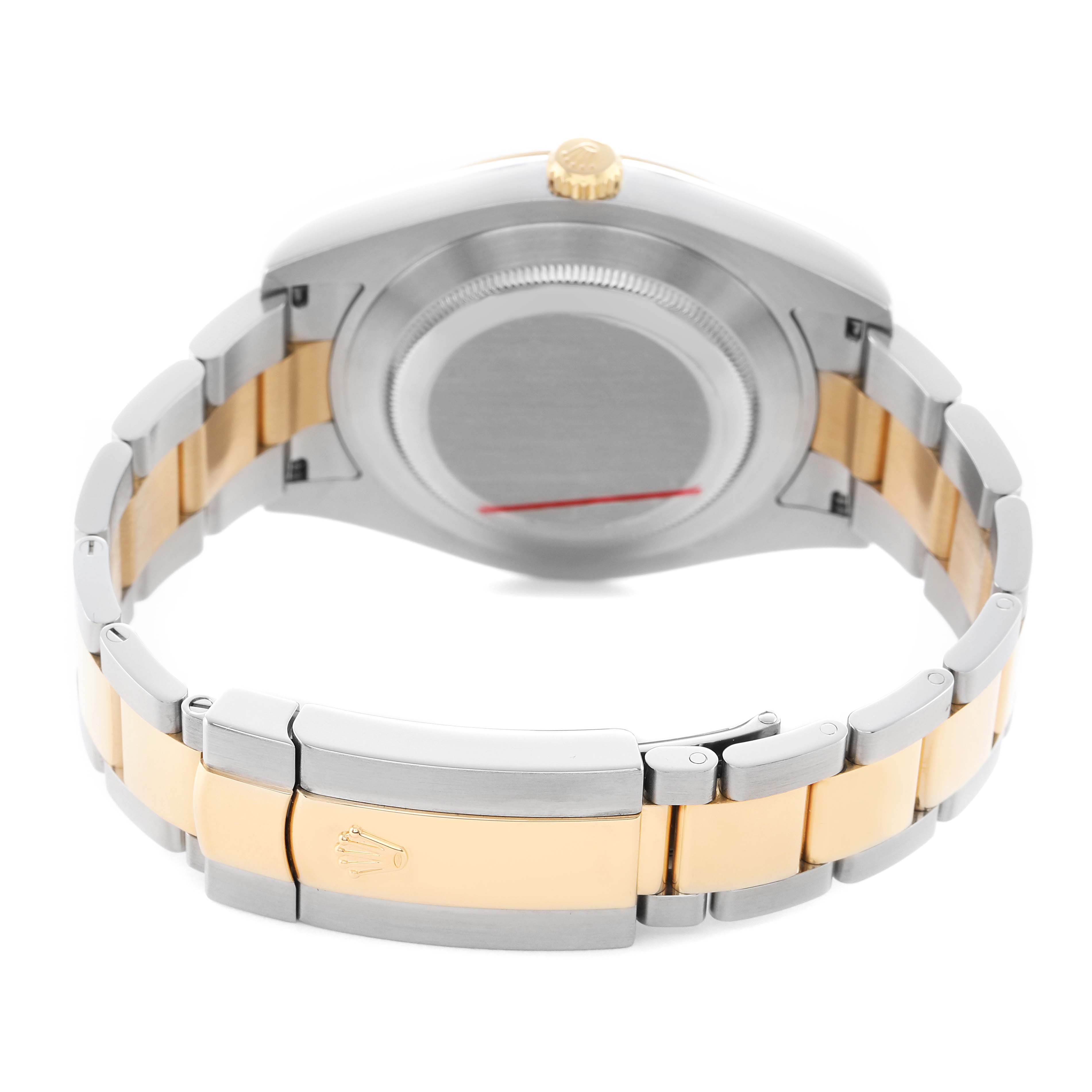 The Rolex Datejust 41 116333 Men's Steel and Gold (two tone) Black Dial is shown from the back, highlighting the case back, bracelet, and clasp.