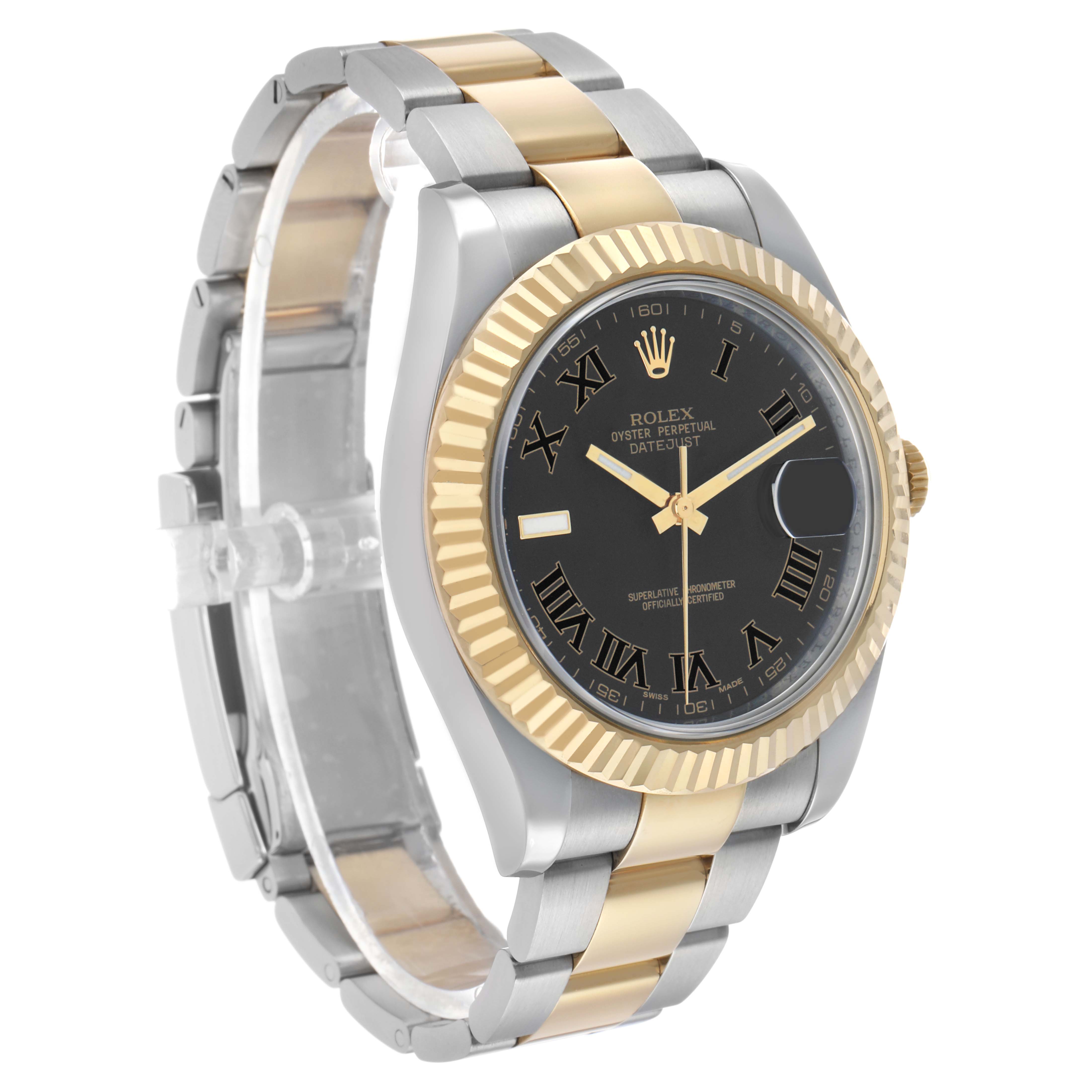 The Rolex Datejust 41 116333 Men's Steel and Gold (two tone) Black Dial is shown at a three-quarter angle, highlighting the two-tone bracelet, fluted bezel, and black dial.