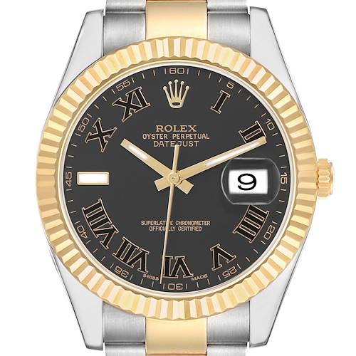 The Rolex Datejust 41 116333 Men's Steel and Gold (two tone) Black Dial is shown from a front angle, highlighting the bezel, dial, Roman numerals, and date window.